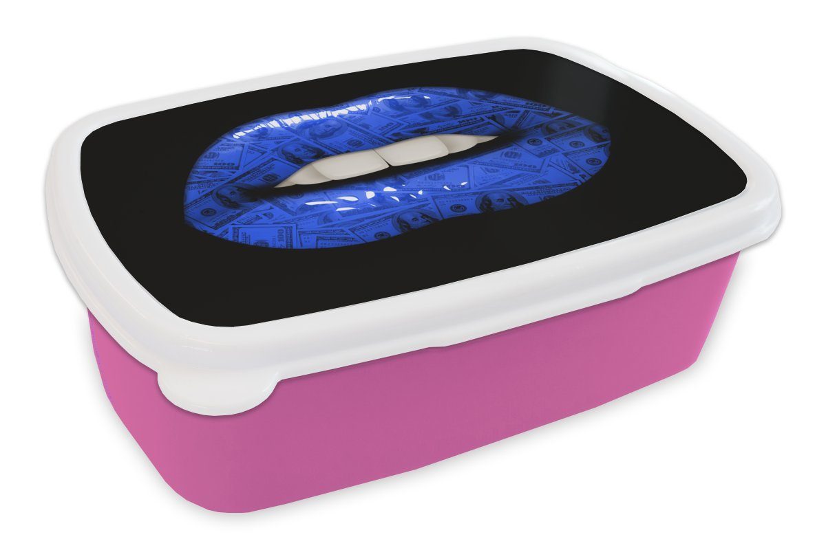 MuchoWow Lunchbox Lippen - Geld - Blau, Kunststoff, (2-tlg), Brotbox für Erwachsene, Brotdose Kinder, Snackbox, Mädchen, Kunststoff rosa
