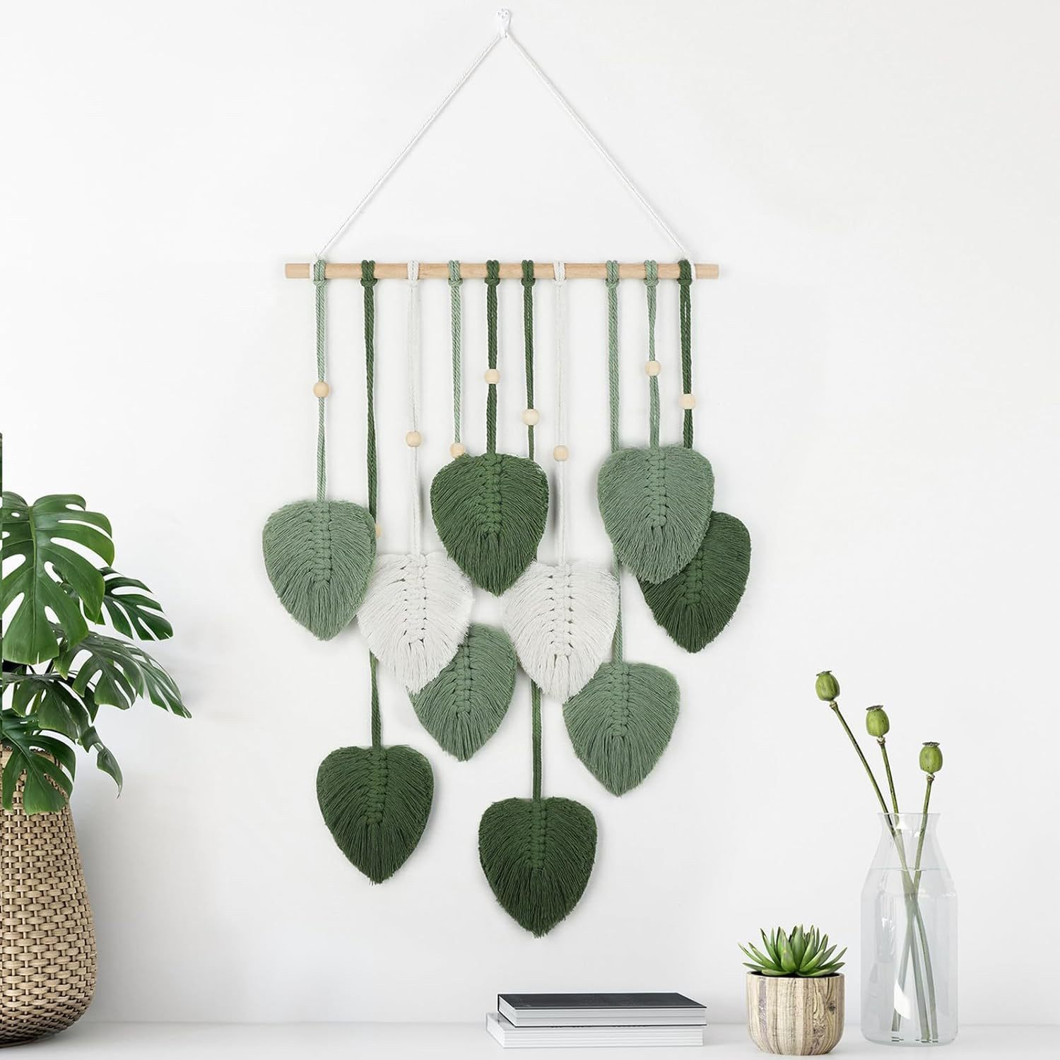 Blusmart Wandteppich Gewebter, handgefertigter Wandteppich, Höhe: 90 mm, Wandbehang mit Blattmotiv aus Baumwollseil