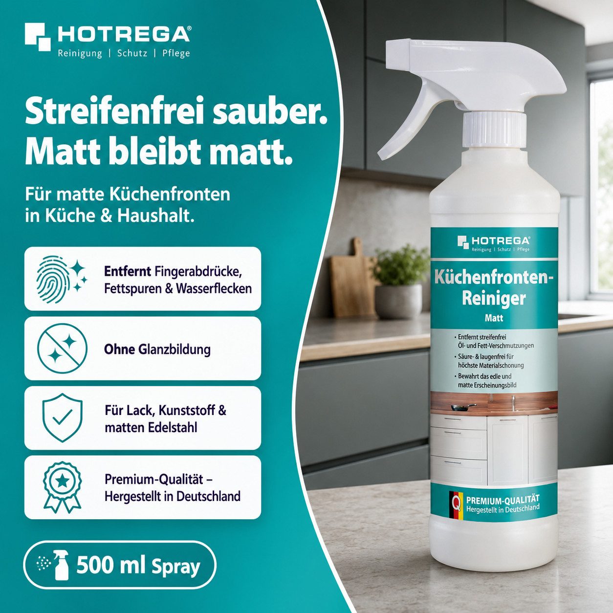 HOTREGA® Küchenfronten Reiniger matt Küchenreiniger streifenfrei 500ml Küchenreiniger