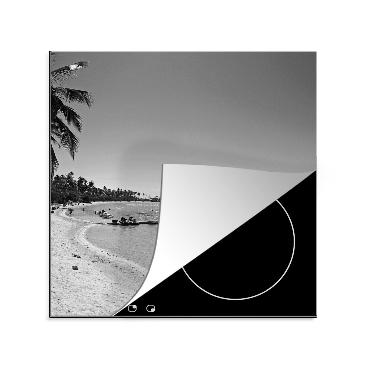 MuchoWow Herdblende-/Abdeckplatte Der Strand von Mo'orea in Schwarz und Weiß, Vinyl, (1 tlg), 78x78 cm, Ceranfeldabdeckung, Arbeitsplatte für küche