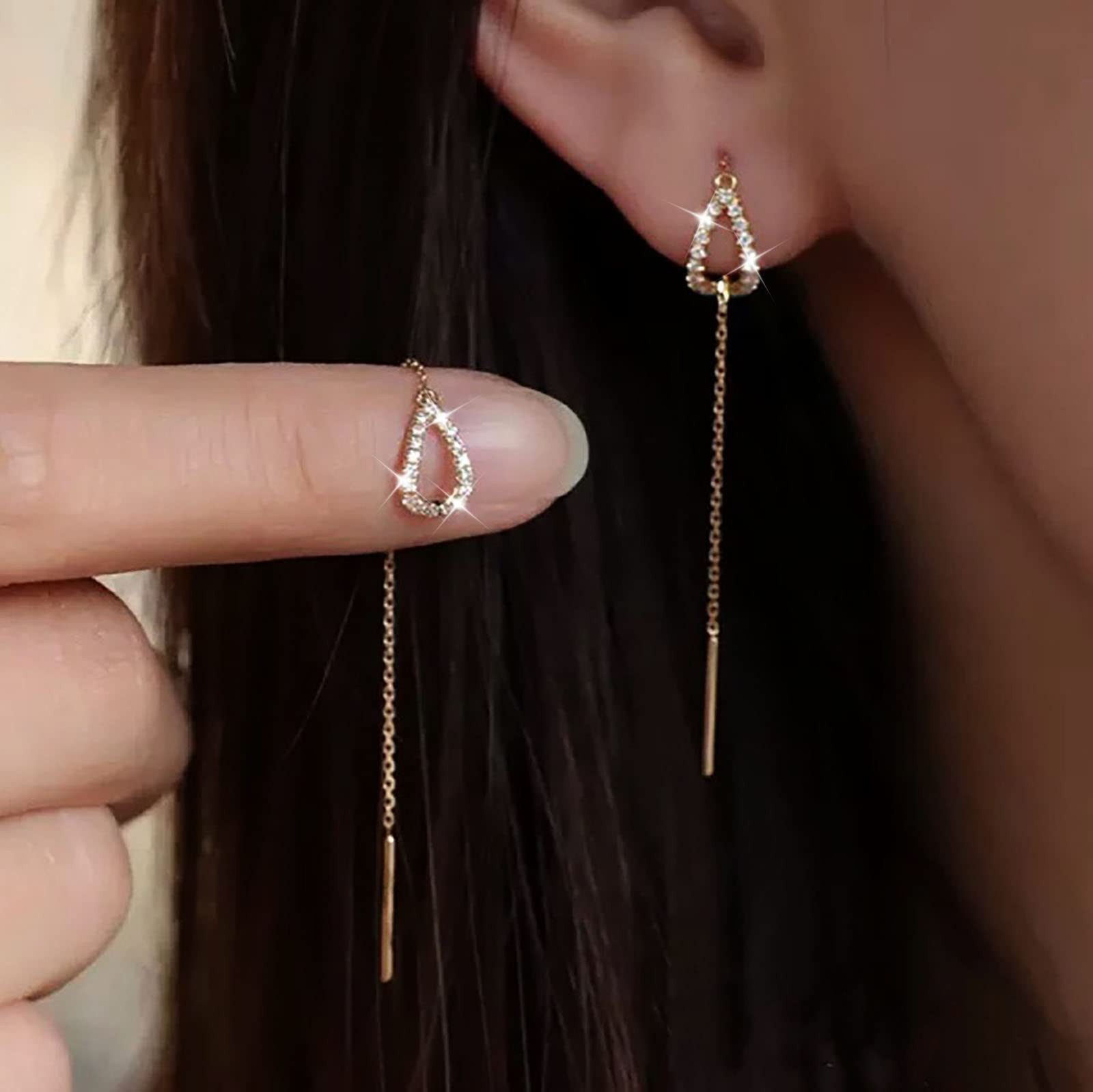 MOPUEA Paar Ohrhänger Exquisite Zirkonia-Langketten-Einfädler-Ohrringe (für Damen, für den täglichen Gebrauch, Party, Tropfen-Ohrringe, Durchzieher Ohrringe Kette Gold Faden Ketten Einfädler Ohrringe), Lange Quasten Hängend Zarte Hängeohrringe Linie Ohrstecker