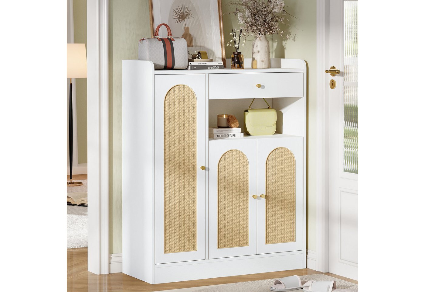 Flieks Schuhschrank Rattan Schuhkommode mit verstellbaren Einlegeböden (B90/T35/H110 cm, 1-St., Schrank für Wohnzimmer, Esszimmer, Flur, Schlafzimmer) Mehrzweckschrank Schuhregal mit 1 Schubladen und 3 Türen Weiß