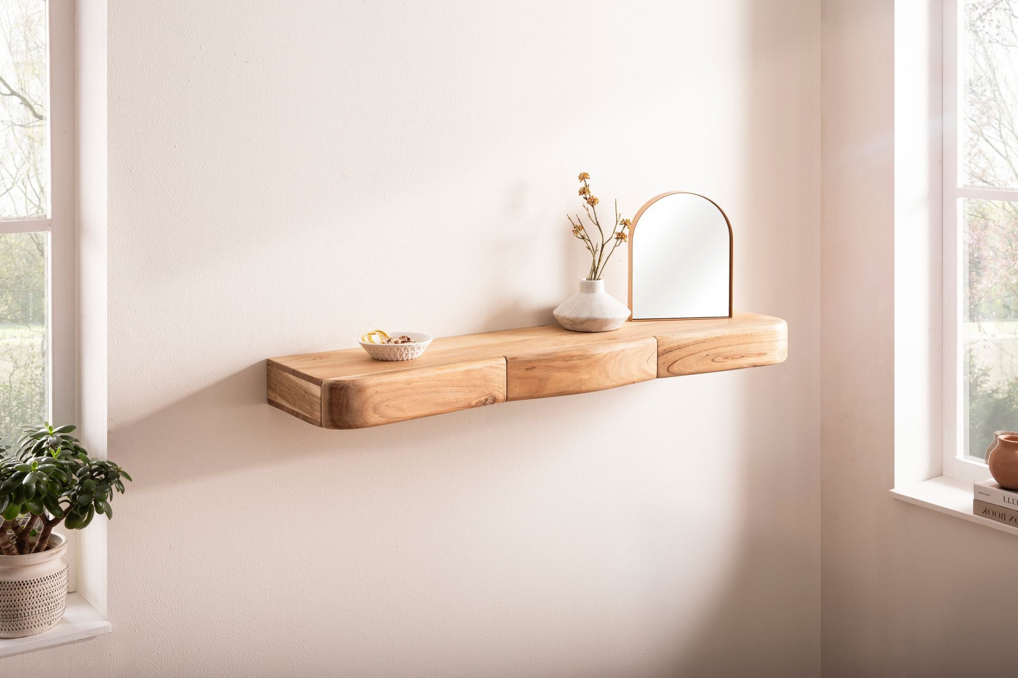 Wohnling Wandregal WL7.388 Schweberegal Akazie Massivholz 100cm Wandboard mit Schubladen, Massivholz Wandregal mit Schubladen, Praktische Ablage für moderne Wohnräume
