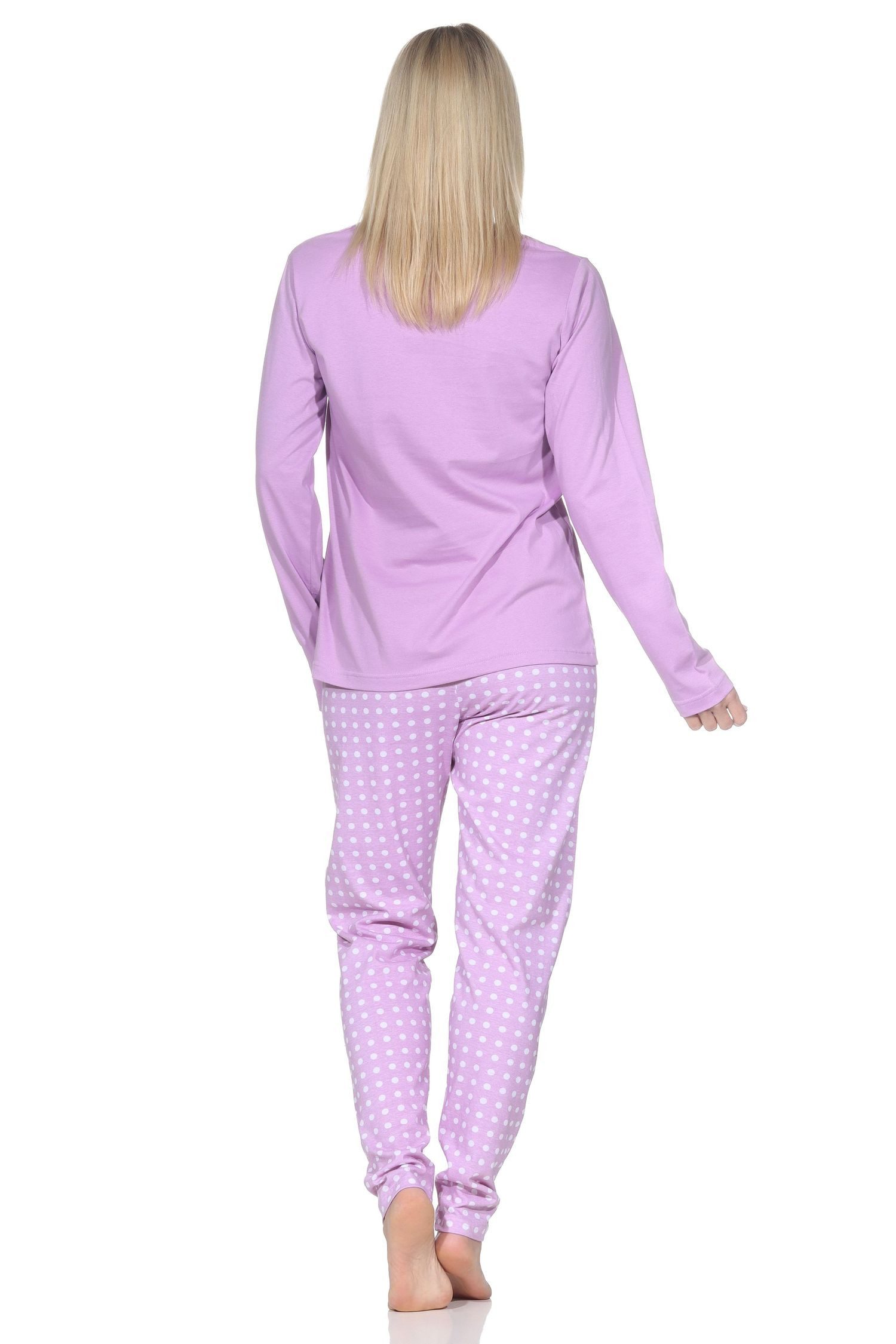 Normann Pyjama Normann Damen Schlafanzug langarm mit Punkte Pyjamahose und Frontprint