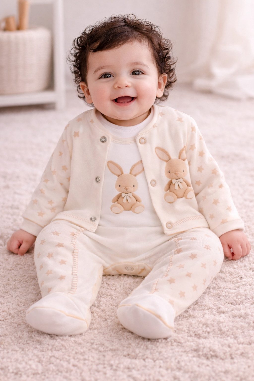 La Bortini Strampler Baby Anzug Strampler und Hemdchen in Creme mit Hasen aus reiner Baumwolle, neutral, 44 50 56 62 68 74 – Bild 2 von 5