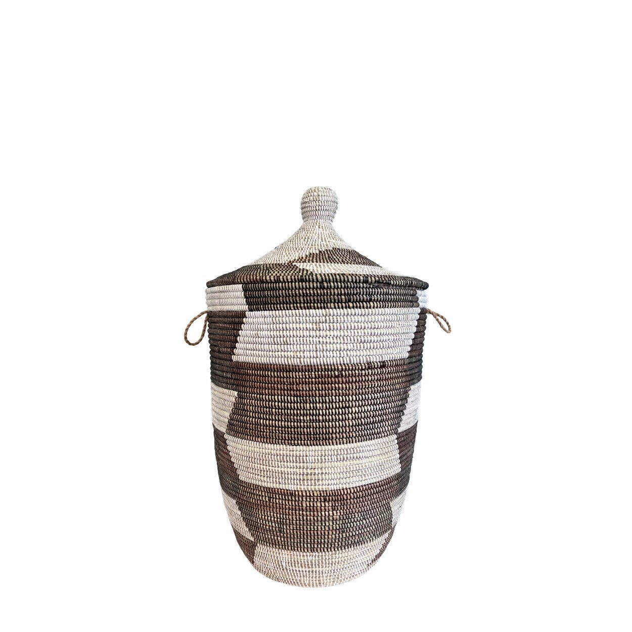 maishameanslife Wäschekorb Senegal S - Zick Zack - Braun/Weiß, Handgeflochtener Wäschekorb aus traditionellem Kunsthandwerk