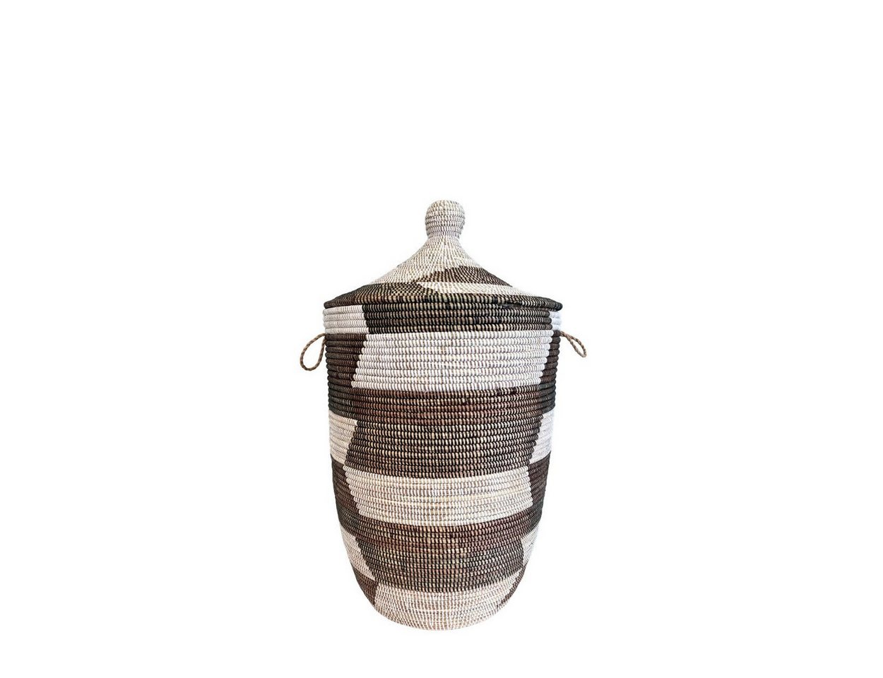 maishameanslife Wäschekorb Senegal S - Zick Zack - Braun/Weiß, Handgeflochtener Wäschekorb aus traditionellem Kunsthandwerk