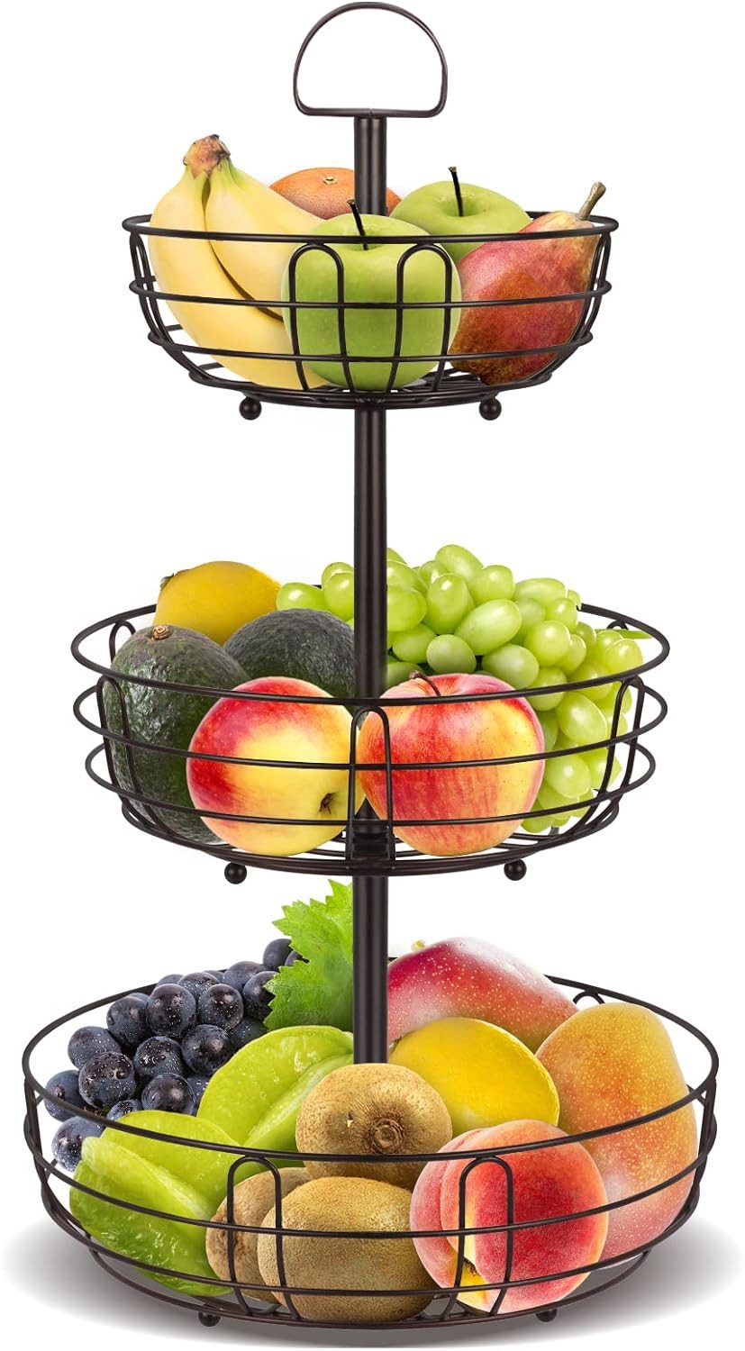 Minicloss Etagere Obstschale - Obstkorb - Obst Etagere, Küche Obst Etagere aus Metall, Metall, Obst Etagere - Aufbewahrung für Gemüse/Snacks - Bronzeton - 3-stöckig