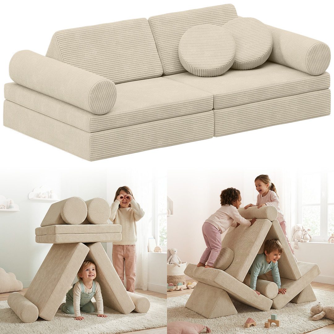 Bellabino Kindersofa Nile aus Schaumstoff Teilen, modulare Kinderspielcouch aus Cord, Beige, mit Armlehnen, Cordbezug abnehmbar & waschbar, 160x52x75cm, Oeko-Tex zertifiziert