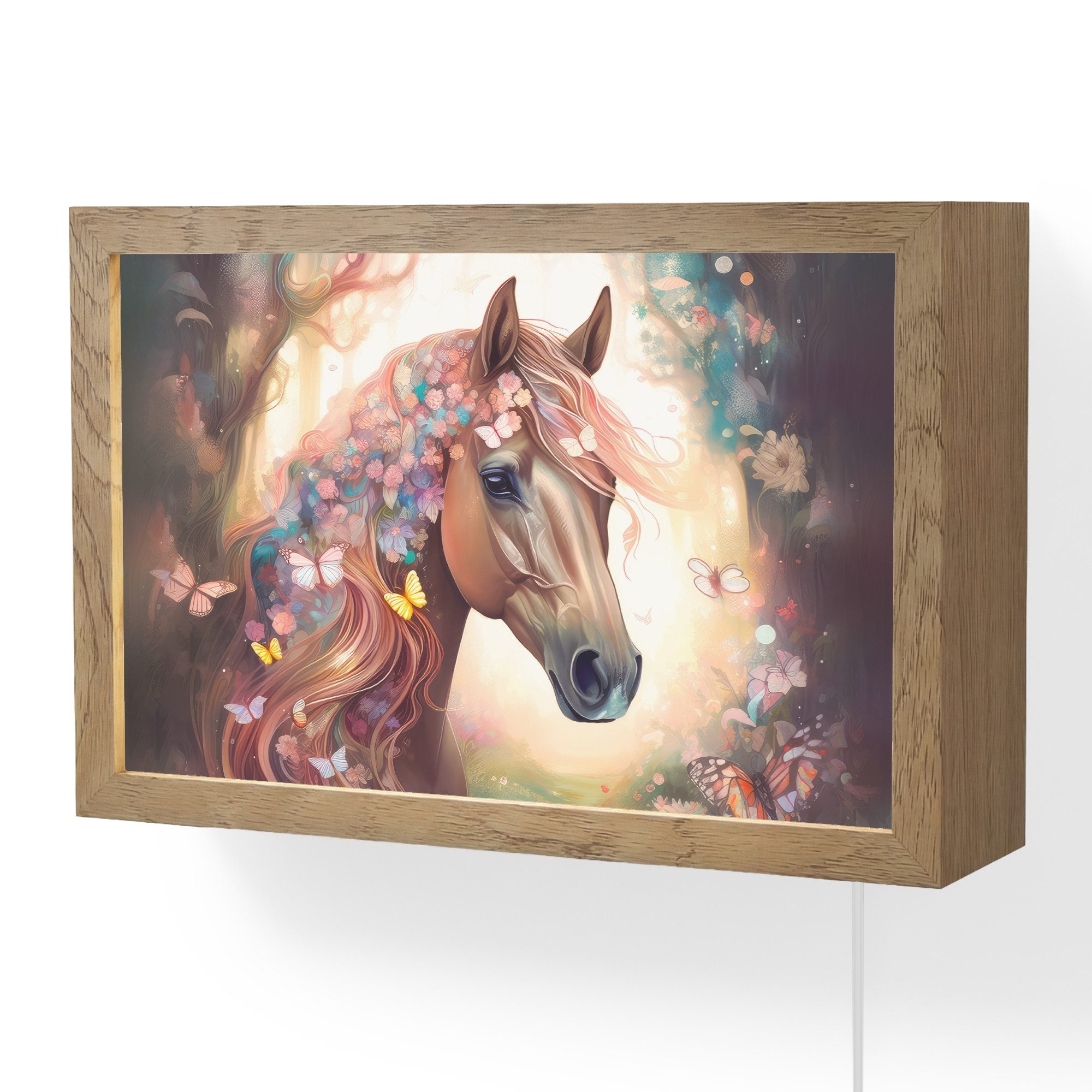 OnlyWow Wandleuchte Lightbox Pferd - Natur - Blumen - Schmetterlinge - Wald - Mädchen, Dimmbar, Farbwechsel, LED, Warmweiß, Kaltweiß, Neutralweiß Einstellbar, Wandlampe Innen, Dimmbar, mit Kabel, LED, Modern, Schlafzimmer