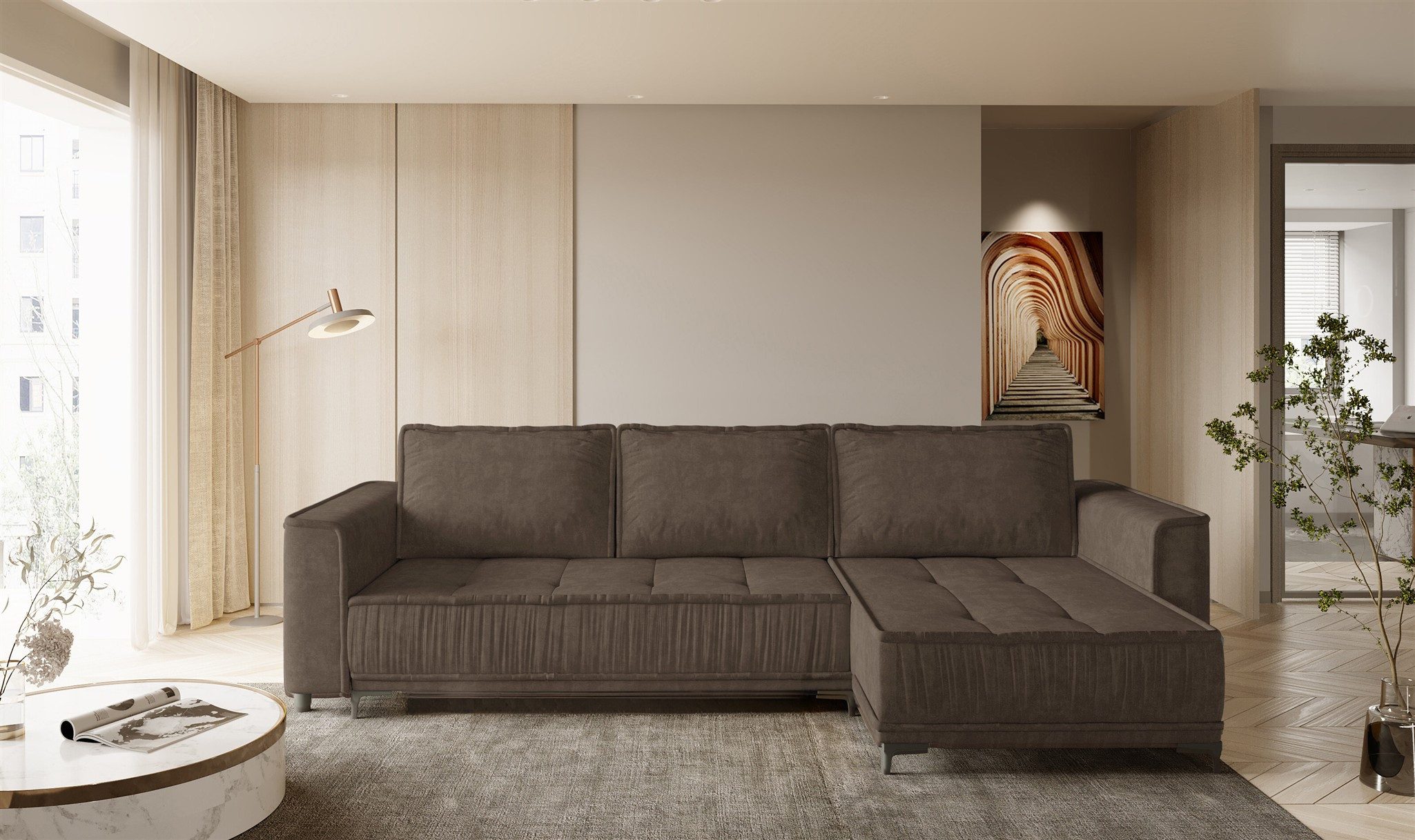 Fun Möbel Ecksofa Schlafsofa JUNA mit Ottomane in Stoff Terra, inkl. Bettkasten, Rundumbezug