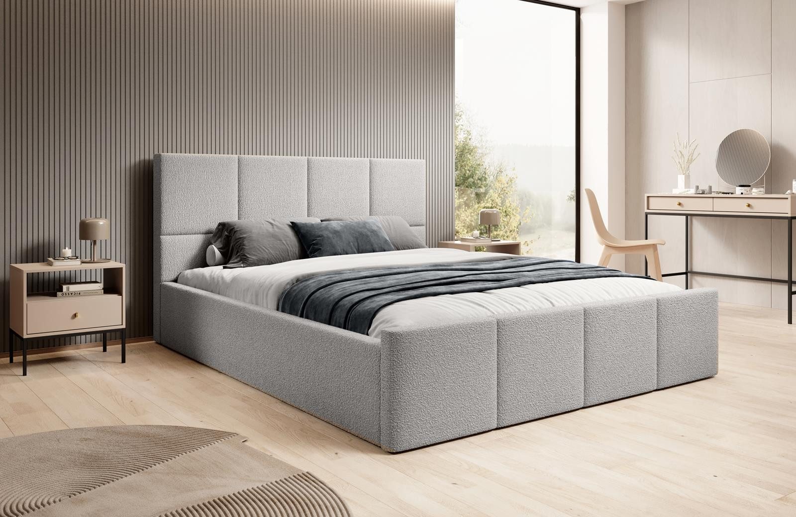 Compleo Polsterbett Doppelbett mit Kopfstütze boucle Designer Bett