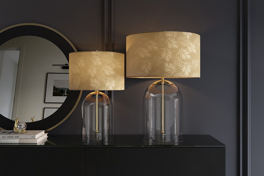 riess-ambiente Tischleuchte CLASSICO 60cm transparent/weiß/gold – Leinenschirm mit Palmen-Muster, Ein-/Ausschalter, ohne Leuchtmittel, Wohnaccessoire im Vintage-Stil, Design-Glasfuß, für Nachtschrank