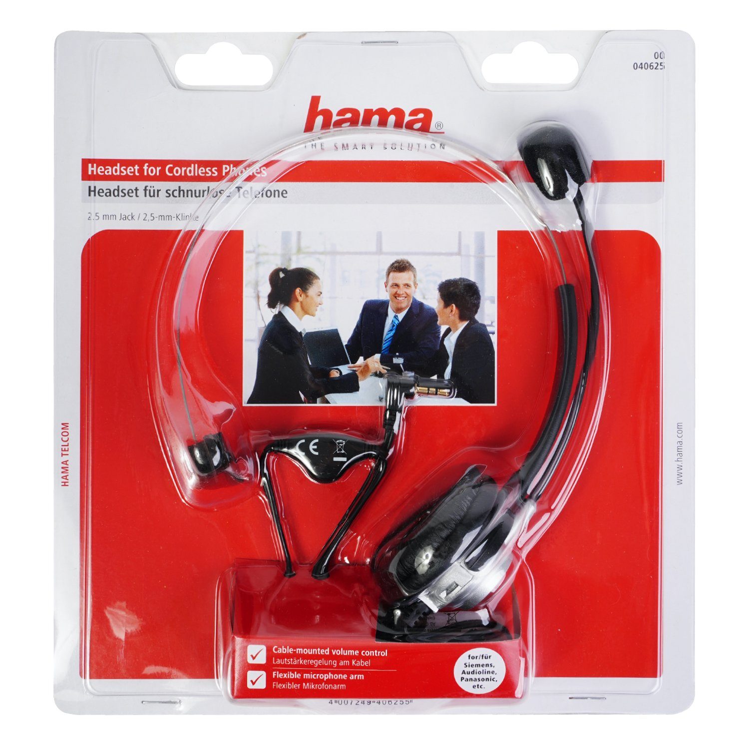 Hama Mono Headset Kopfhörer 2,5mm Klinke Kopfbügel Smartphone-Headset (Universal, Mikrofon, Stummschaltung, etc, Kein, Universal Klinken-Stecker passend für Gigaset DECT Telefon Festnetz)