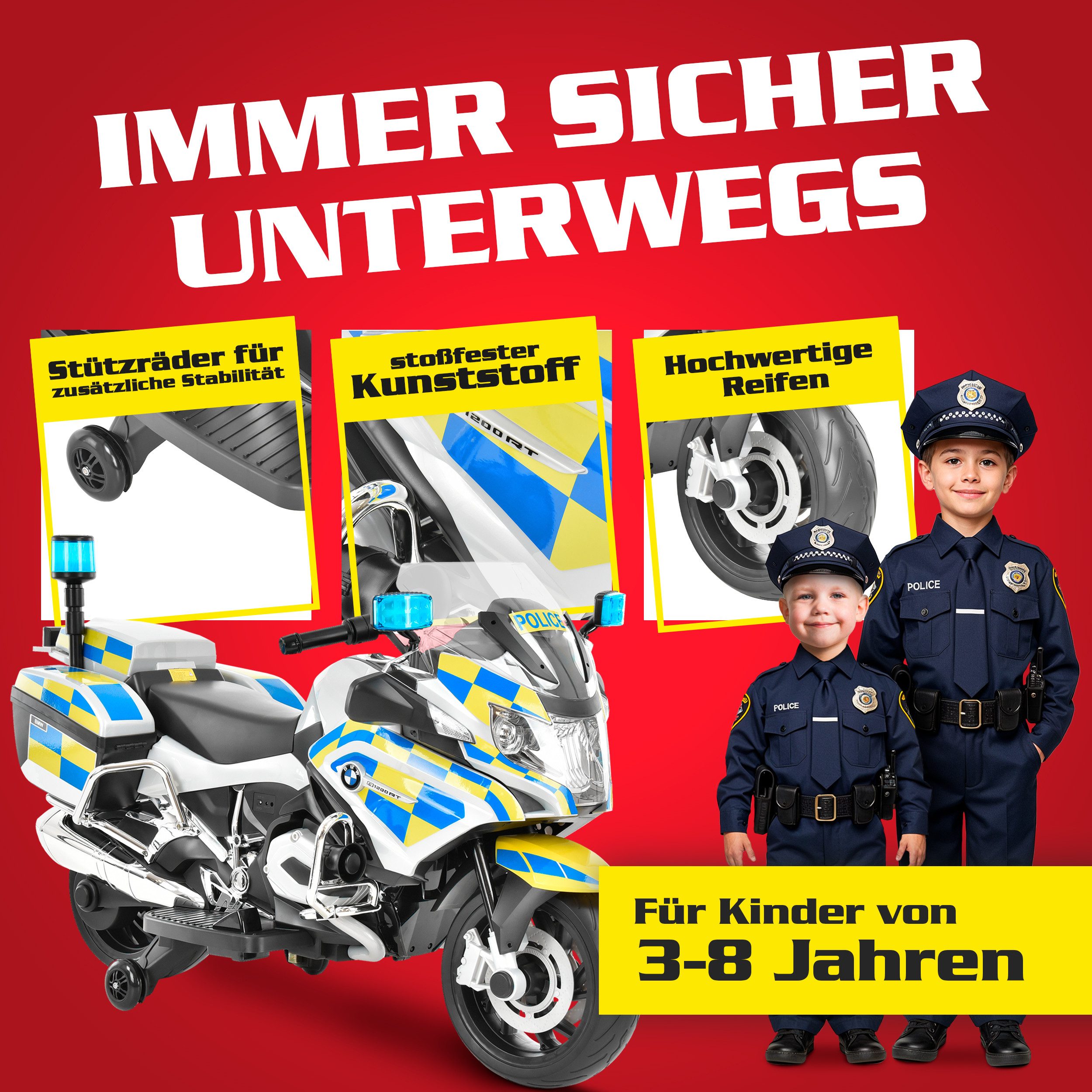 Hecht Elektro-Kindermotorrad BMW Police R1200RT mit Sirene und Blaulicht, Belastbarkeit 30 kg, 12V/7Ah Akku, 35W, 3 – 6 km/h
