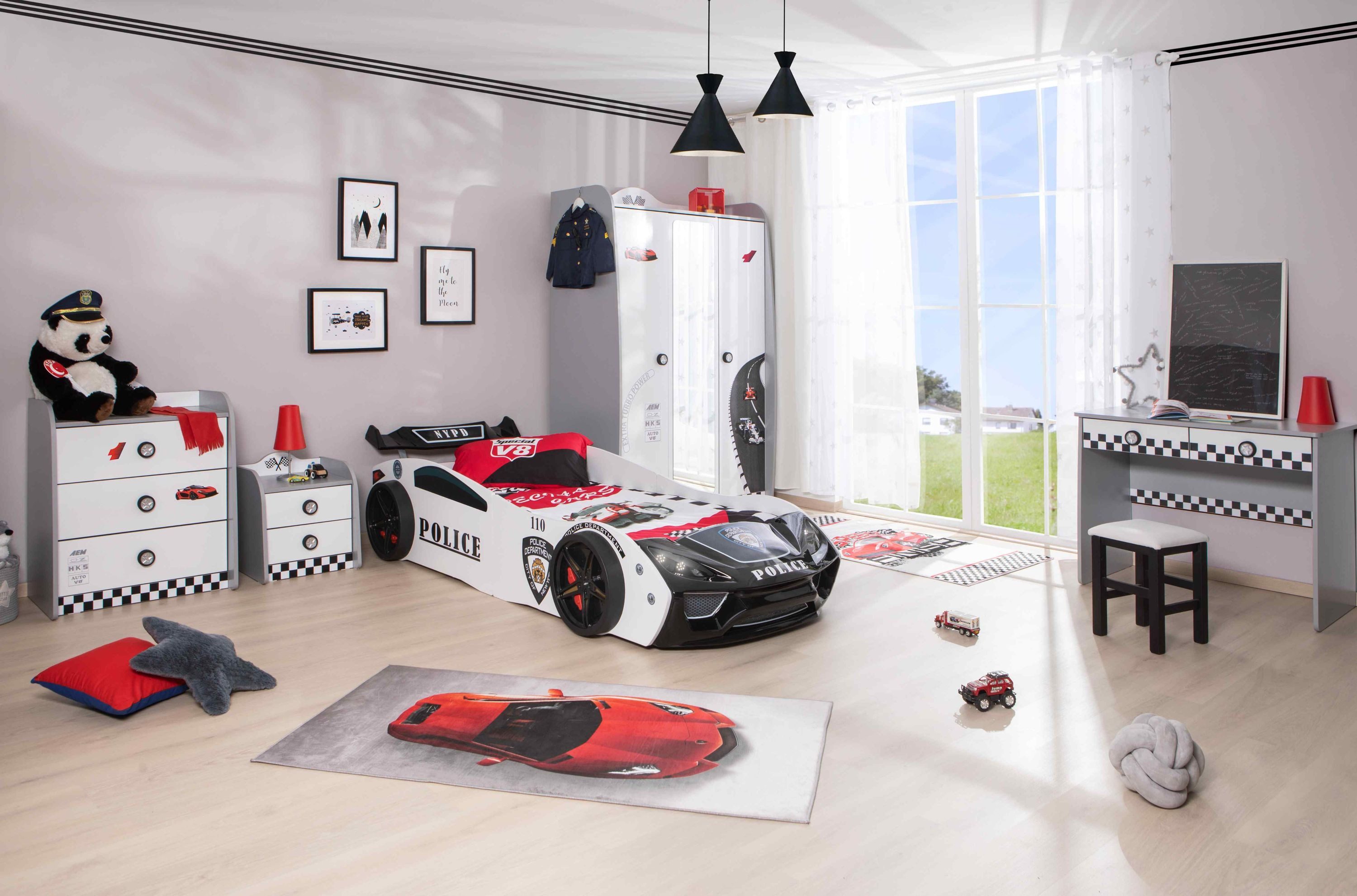 Aileenstore Jugendzimmer-Set Police, (5-tlg., Komplettset 5 teilig mit Autobett, Lattenrost, Heckspoiler, LED)
