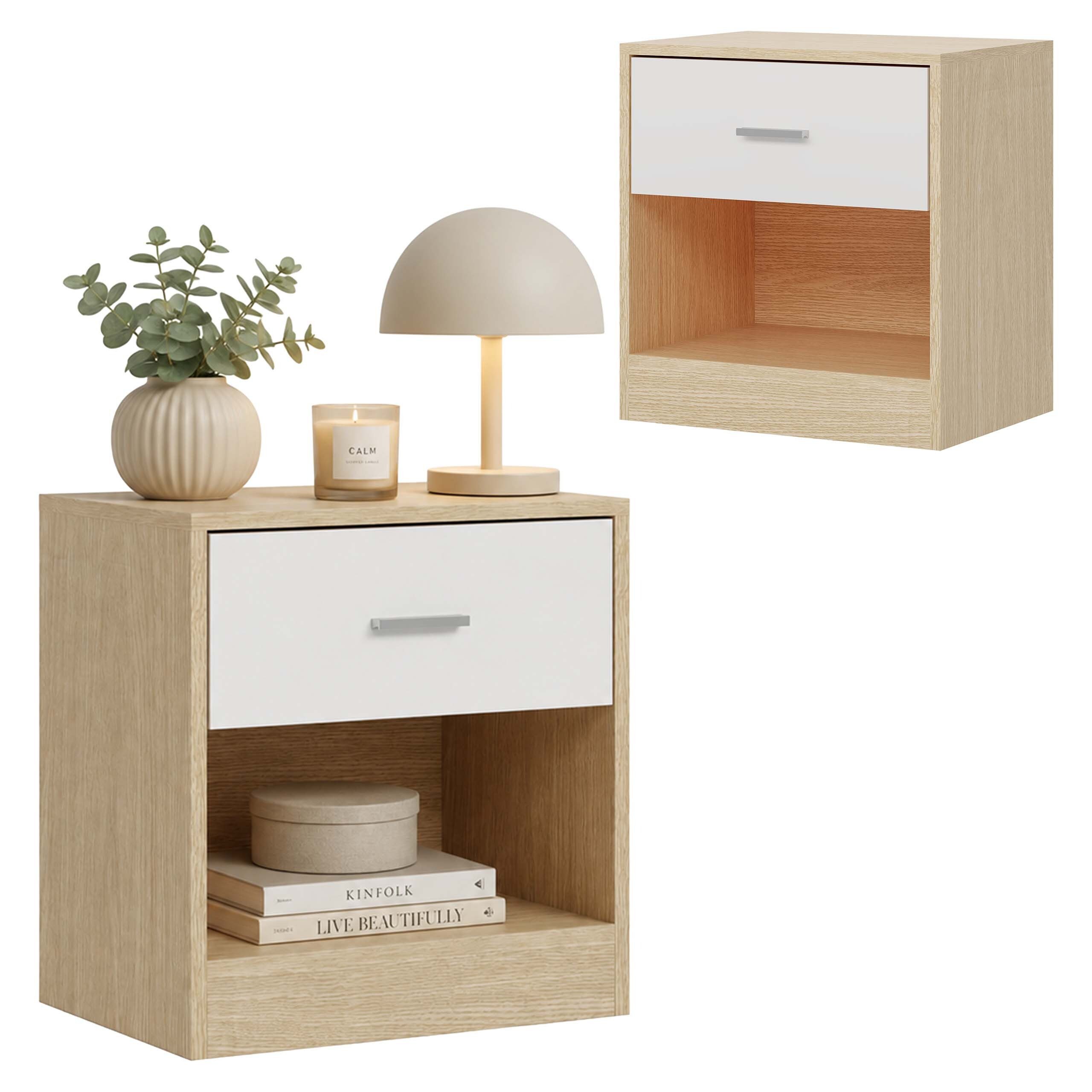 relaxdays Nachtschrank Nachttisch mit Schublade Holzoptik-Weiß, 2er-Pack
