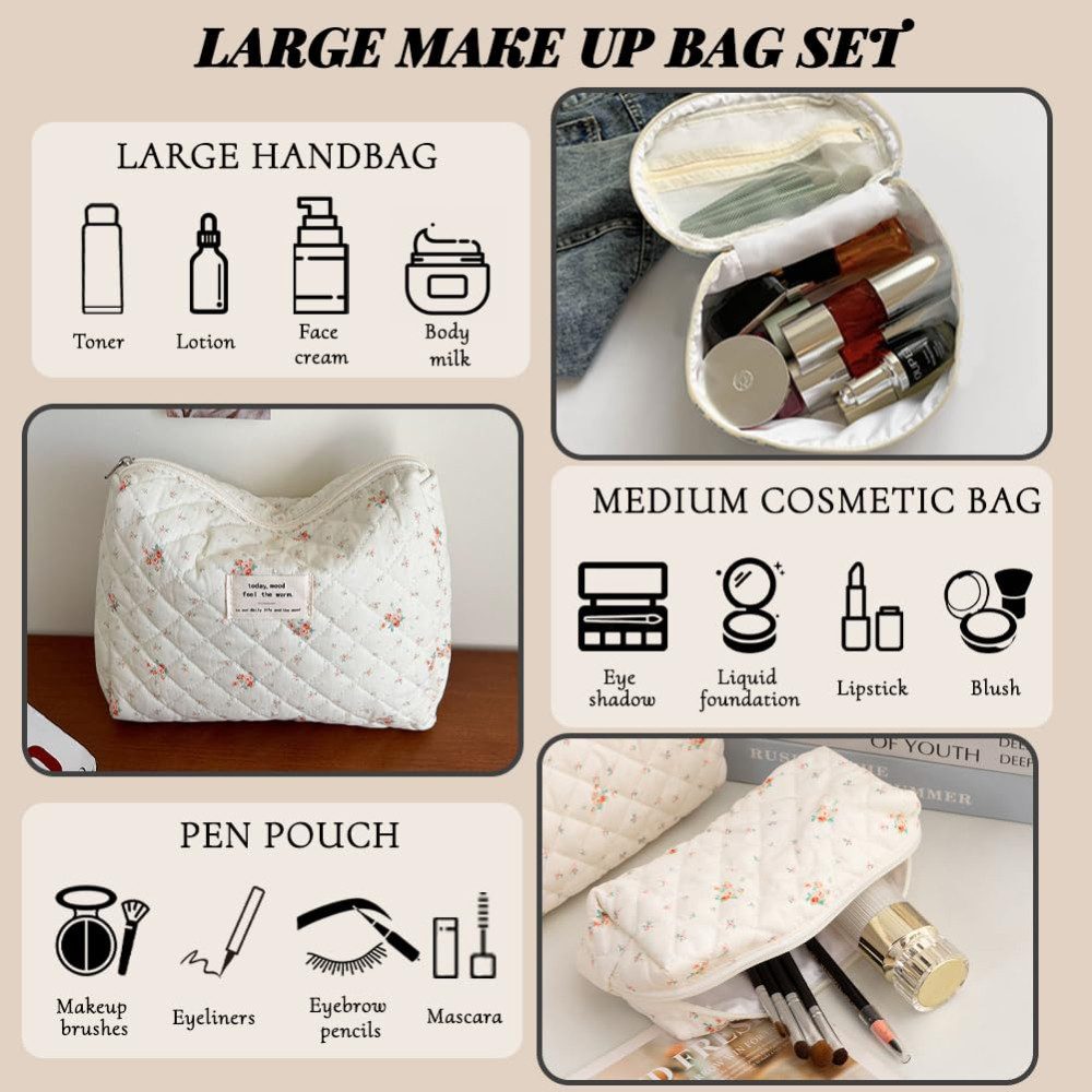 Blusmart Kosmetiktasche 3 teile/satz Damen geste ppte Baumwolle Aufbewahrung tasche (ästhetisch bedruckte Make-up-Tasche, 3-tlg., Groß, Mittel, Klein), Kapazität Toiletten artikel Veranstalter Kosmetik beutel