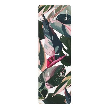 Bilderdepot24 Garderobenpaneel grün Botanik Tropisch Illustration Muster Pinke Tropen Muster XXL (ausgefallenes Flur Wandpaneel mit Garderobenhaken Kleiderhaken hängend), moderne Wandgarderobe - Flurgarderobe im schmalen Hakenpaneel Design