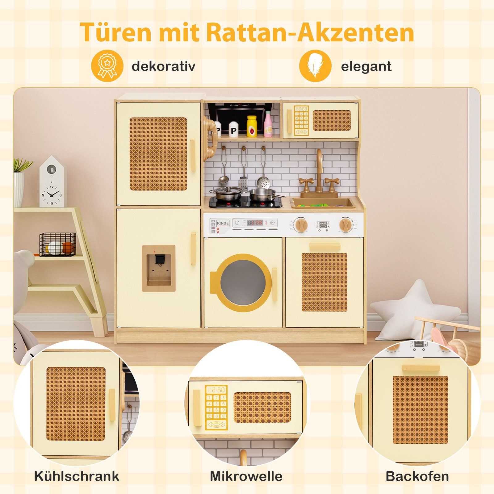 COSTWAY Spielküche Holz, kinder holz, Kinderküchen-Spielset mit Sound und Licht