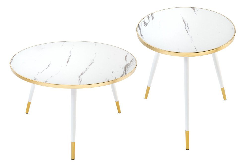 riess-ambiente Couchtisch PARIS Ø60cm weiß Marmor-Design Metall-Beine weiß, Wohnzimmer · (Set, / weiß · Acrylglas · weiß rund | gold gold | 2-St), ·