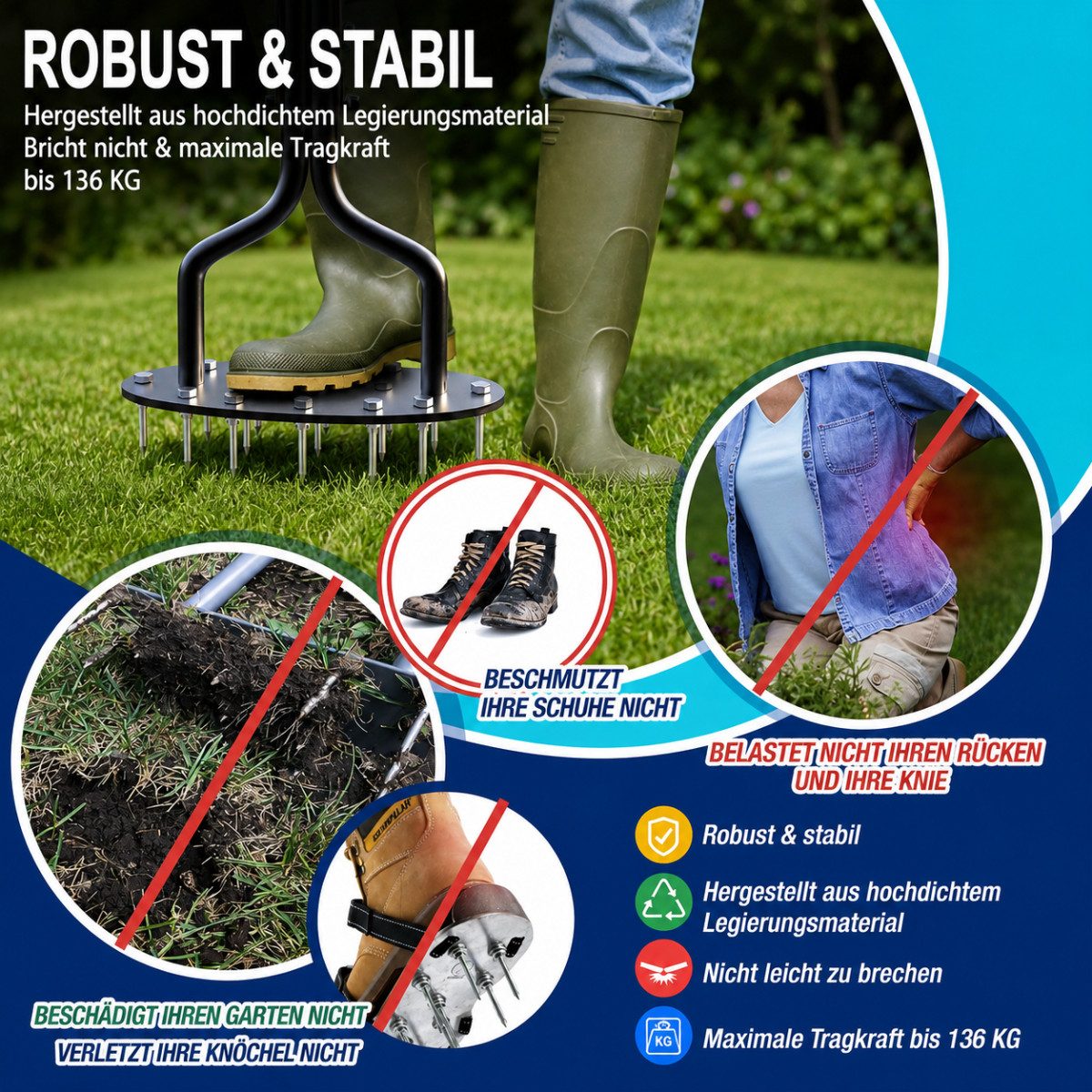 COFI 1453 Rasenlüfter Rasenlüfter Aerifizierer mit 15 Spikes Werkzeug für Garten und Rasen, (1-tlg) – Bild 5 von 5