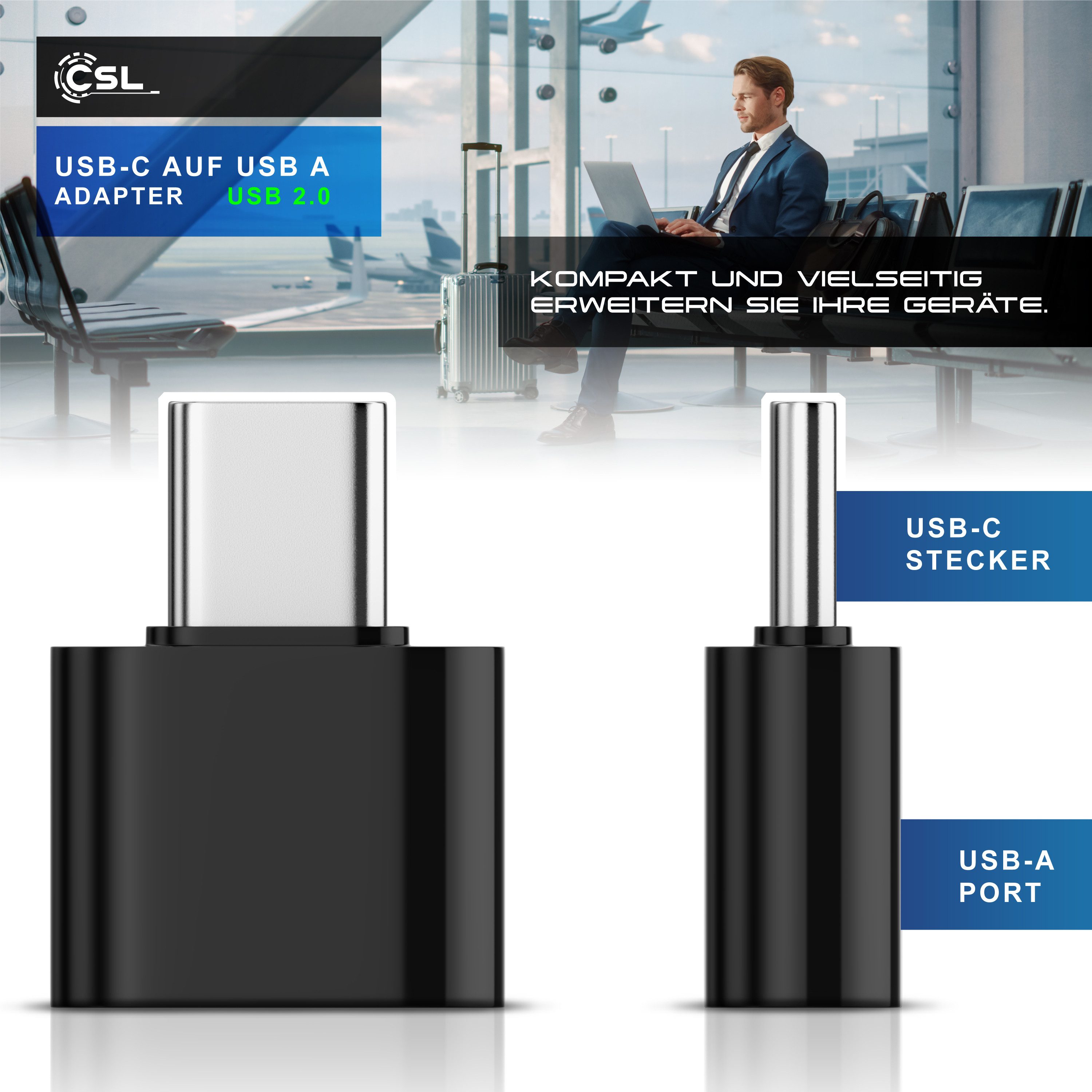 CSL Stecker USB-C auf USB-A Buchse für Handy, Laptop & Tablet, Konverter USB-Adapter USB Typ C zu USB Typ A, USB 2.0, 480 Mbit/s, OTG-Funktion, Plug & Play, kompakt