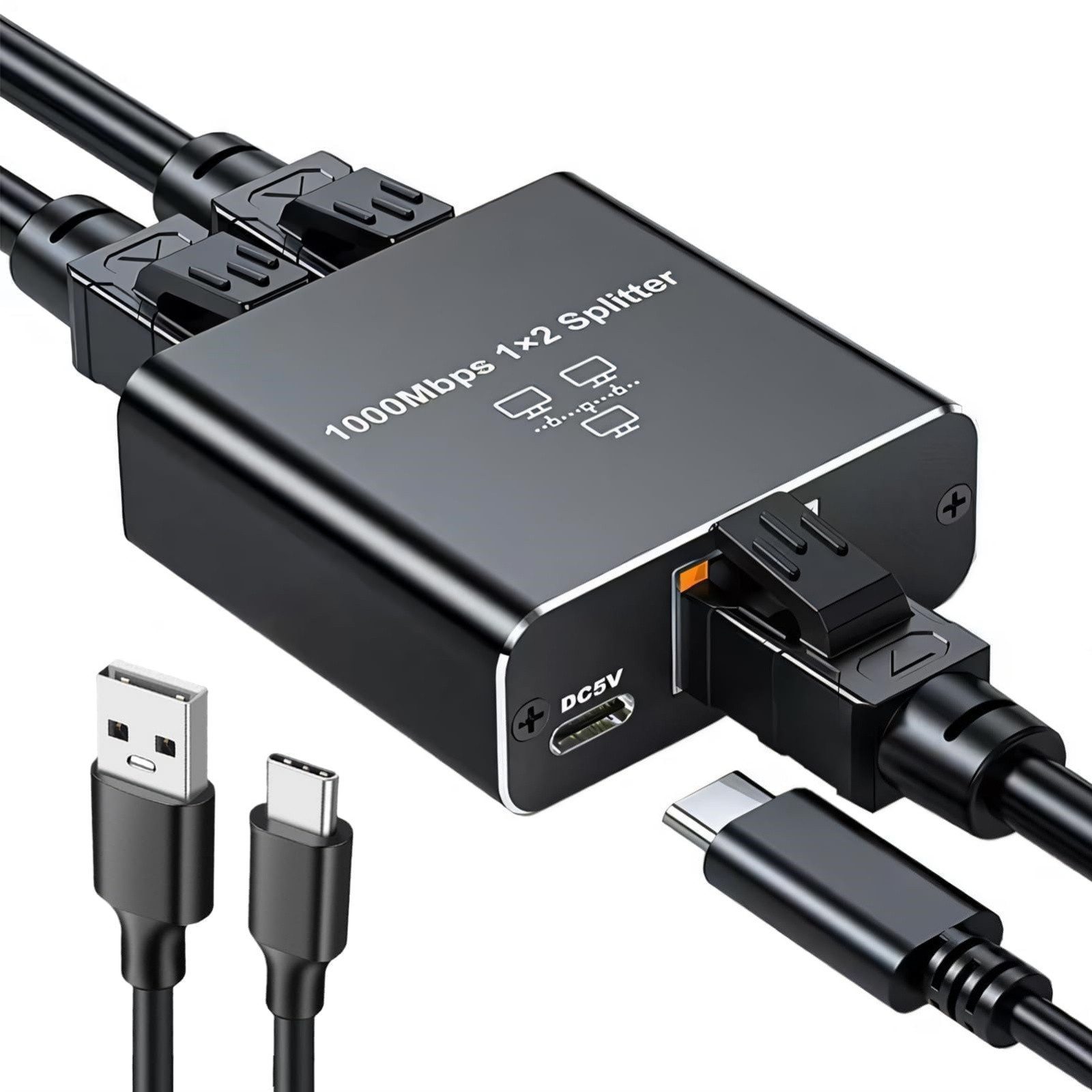 ibettertec LAN-Splitter 1 bis 2 1000 Mbit/s, RJ45 mit USB-C-Netzteil Netzwerk-Switch (Für Computerhub, Router, Set-Top-Box, Digitalfernseher)