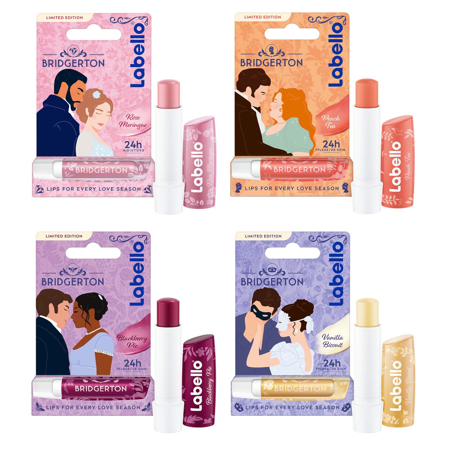 Labello Lippenpflegestift LIMITED BRIDGERTON EDITION Lippenpflegeset 24h Feuchtigkeit vegan, 4-tlg., Rose Meringue, Peach Tea, Blackberry Pie, Vanilla Biscuit