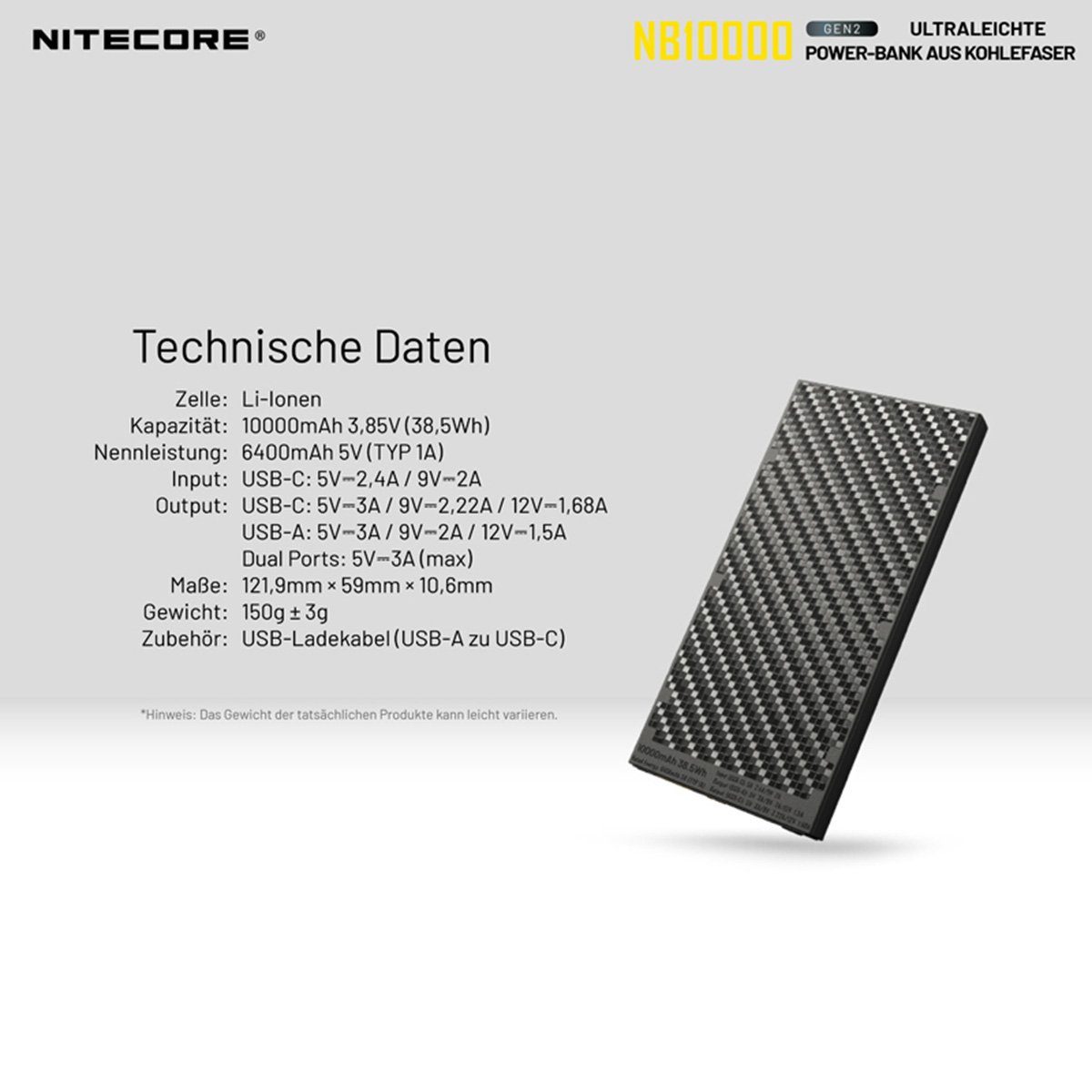 Nitecore Taschenlampe LED Powerbank 10000mAh mit NB10000