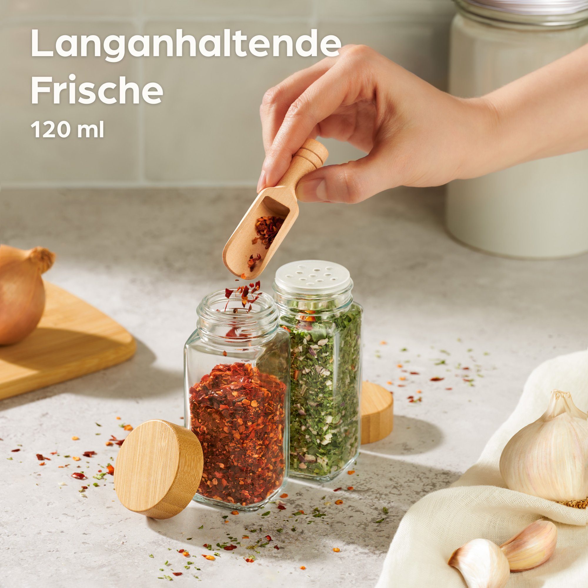 Praknu Gewürzstreuer Gewürzgläser Eckig mit Bambusdeckel - 12er Set - Gewürz Organizer, (12-tlg), 120 ml Gewürz Organizer - Gewürzdosen - Gewürzgläser - Gewürzbehälter