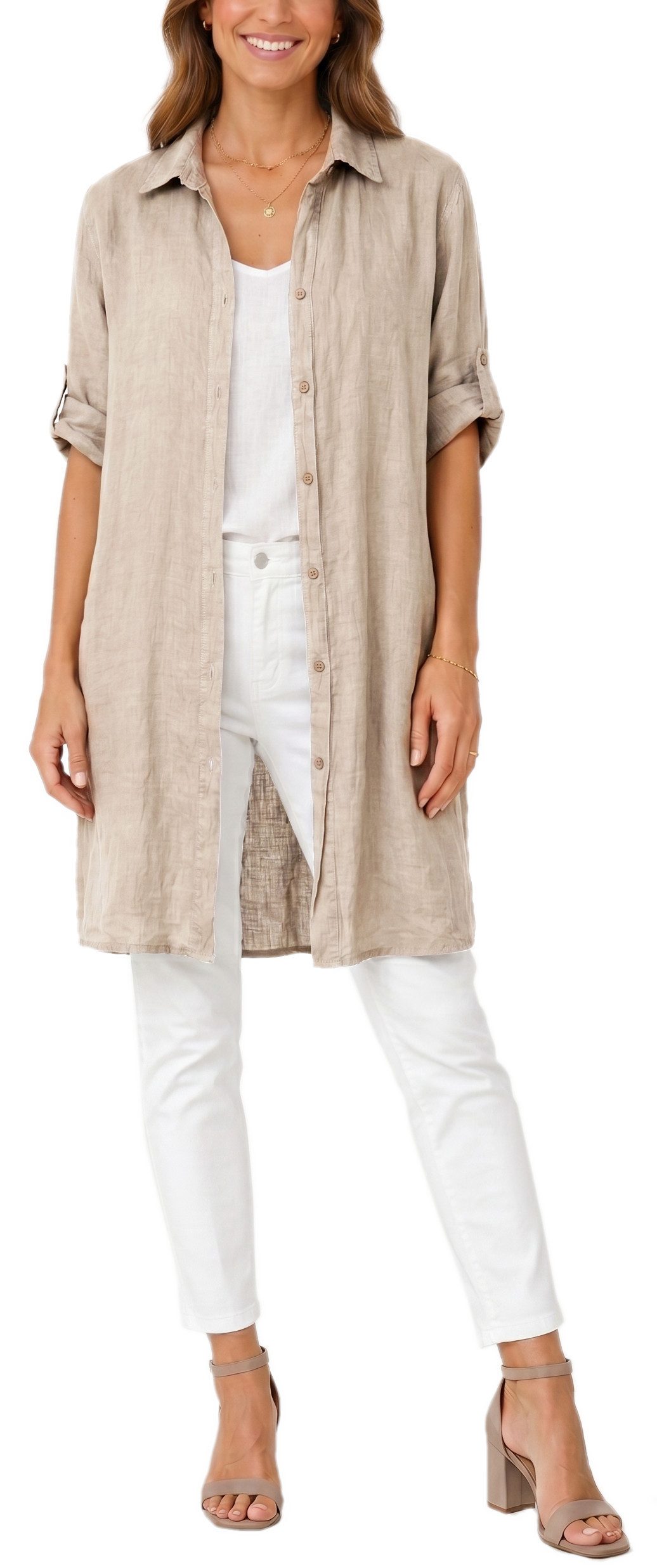 dy_mode Longbluse Damen Leinen Longbluse Sommer Hemdbluse Blusenkleid Luftige Tunika in Unifarbe, mit Knopfleiste