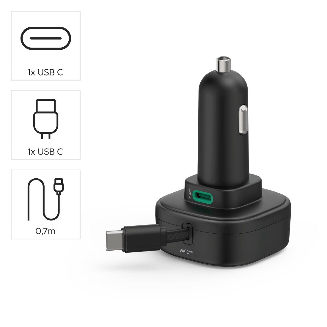 Hama Auto Ladeadapter USB C mit ausziehbarem Kabel 30W Schnelllade-Gerät (Ausziehbares Kabel, Dual USB-C, 30W Schnellladen, PD 3.0, Schutzchip)