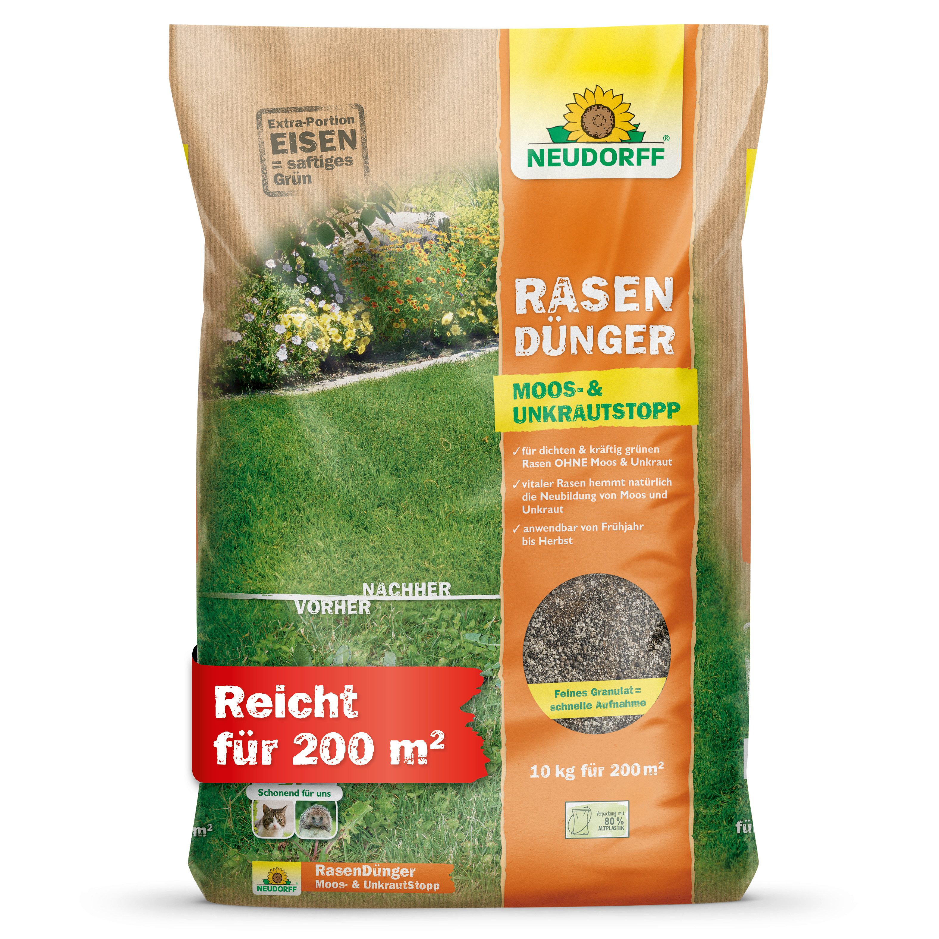 Neudorff Rasendünger Moos- & UnkrautStopp 10 kg, Feines Granulat für bis zu 200 m² Rasenfläche, Organisch-mineralischer NPK-Dünger mit 2,3 % Eisen, Extra Eisen für kräftiges Grün & dichten Rasen