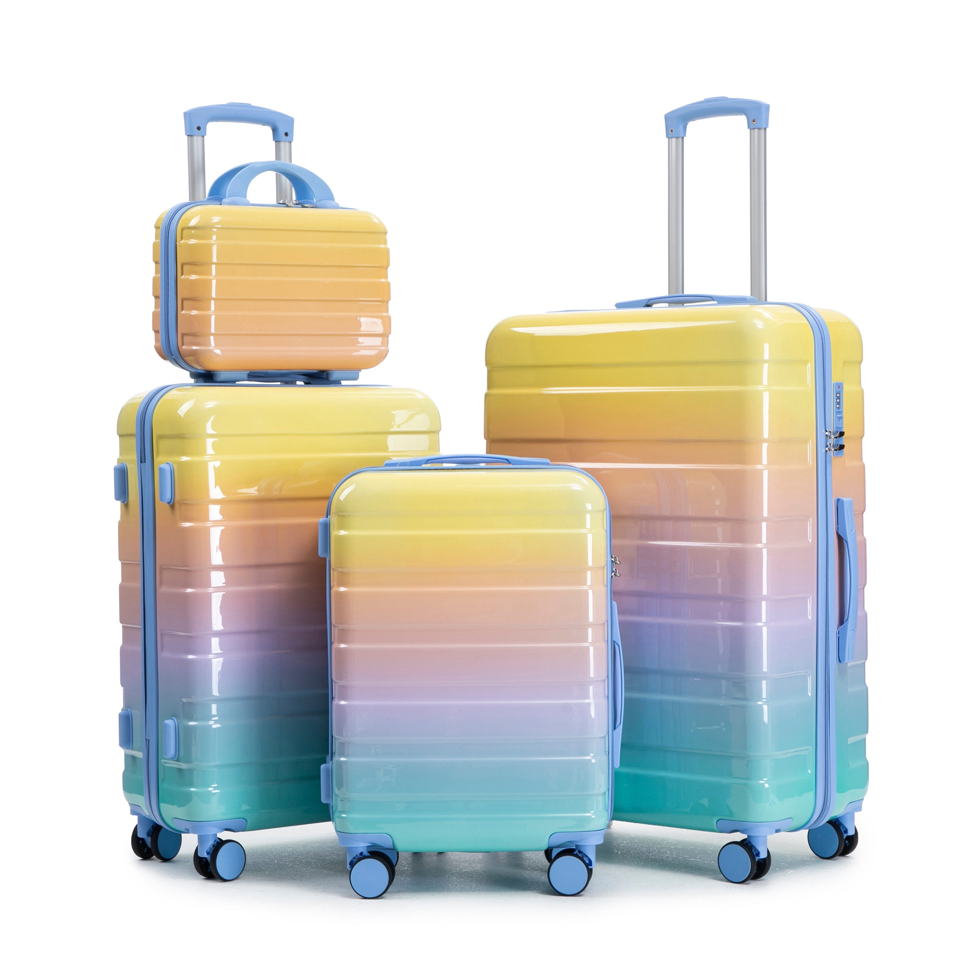 Rolipo Trolleyset PC-Spinner-Kofferset mit 360° Doppel-Spinnerräder, Zahlenschloss, 4 Rollen, (4 tlg), 20/24/28 Zoll + 14" Kosmetiktasche