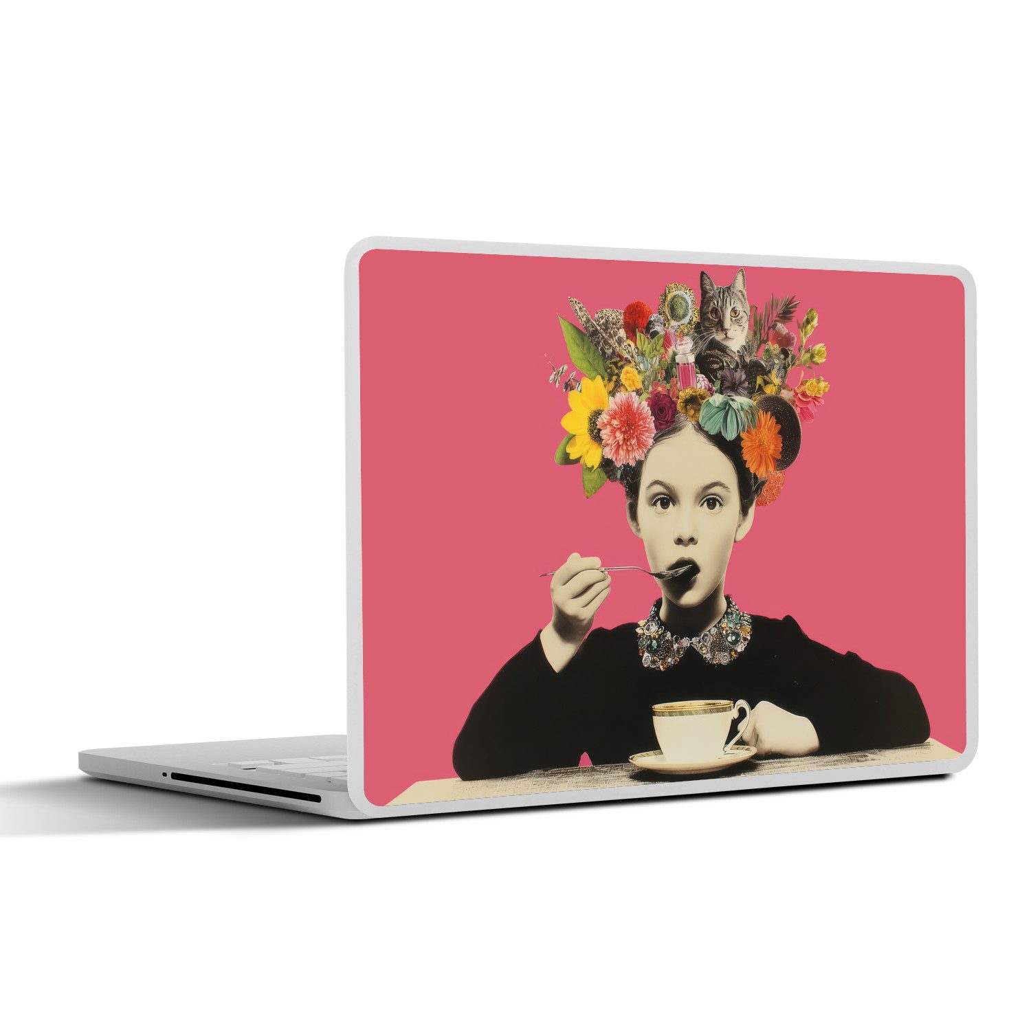 MuchoWow Laptop-Aufkleber Mädchen - Tasse - Blumen - Rosa, (1tlg), Laptop Folien Cover, Aufkleber, Sticker, Schutz vor Kratzern, 30x21 cm