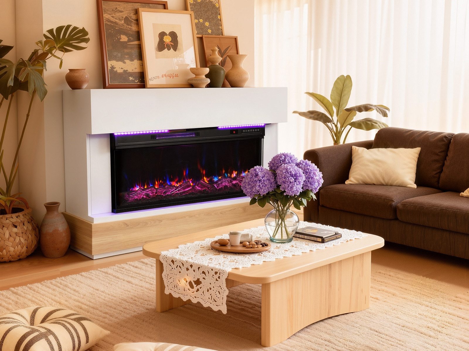 HOMAVO Elektrokamin mit Schrank, 36", 1000/2000W Heizung, 3D-Flammeneffekt, Schrankgröße: 117 x 20 x 95,5 cm, LED-Leiste, Fernbedienung