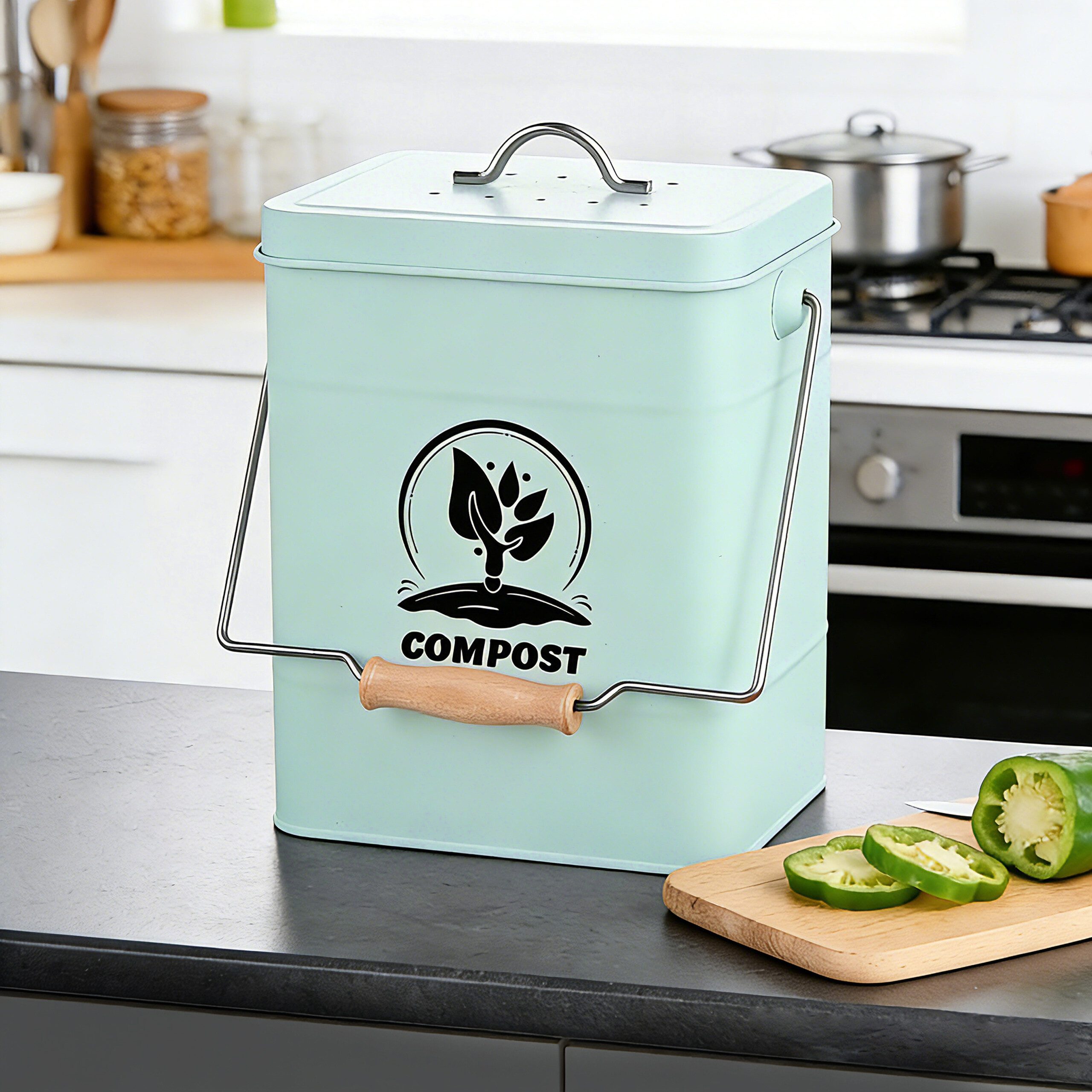 relaxdays Biomülleimer Komposteimer mit Geruchsfilter 6 Liter, Mint