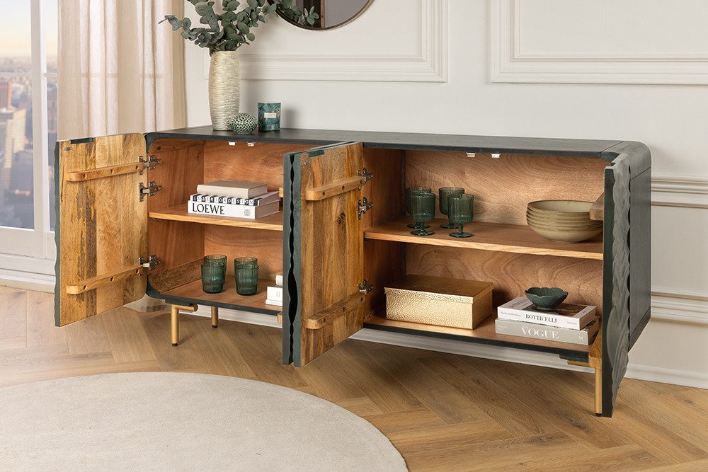 riess-ambiente Sideboard WAVE 160cm türkis / gold (Einzelartikel, 1 St), Wohnzimmer · Massivholz · Metall · Kommode · Retro Design