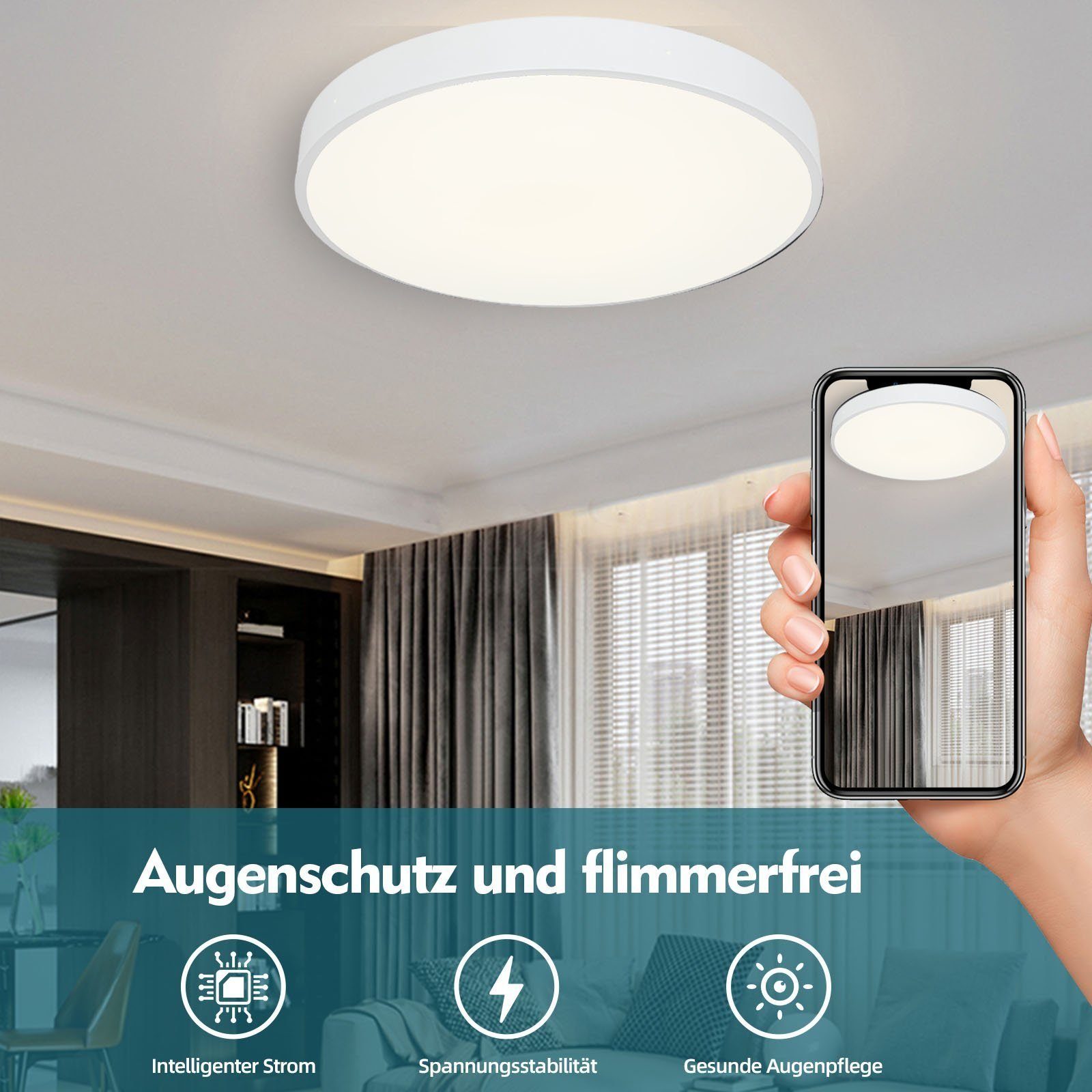 style home Deckenleuchte Runde LED Deckenlampe, 36W, Warmweiß 3000K, Schlafzimmer Lampe Küchenlampe 40x40x4 cm, Weiß