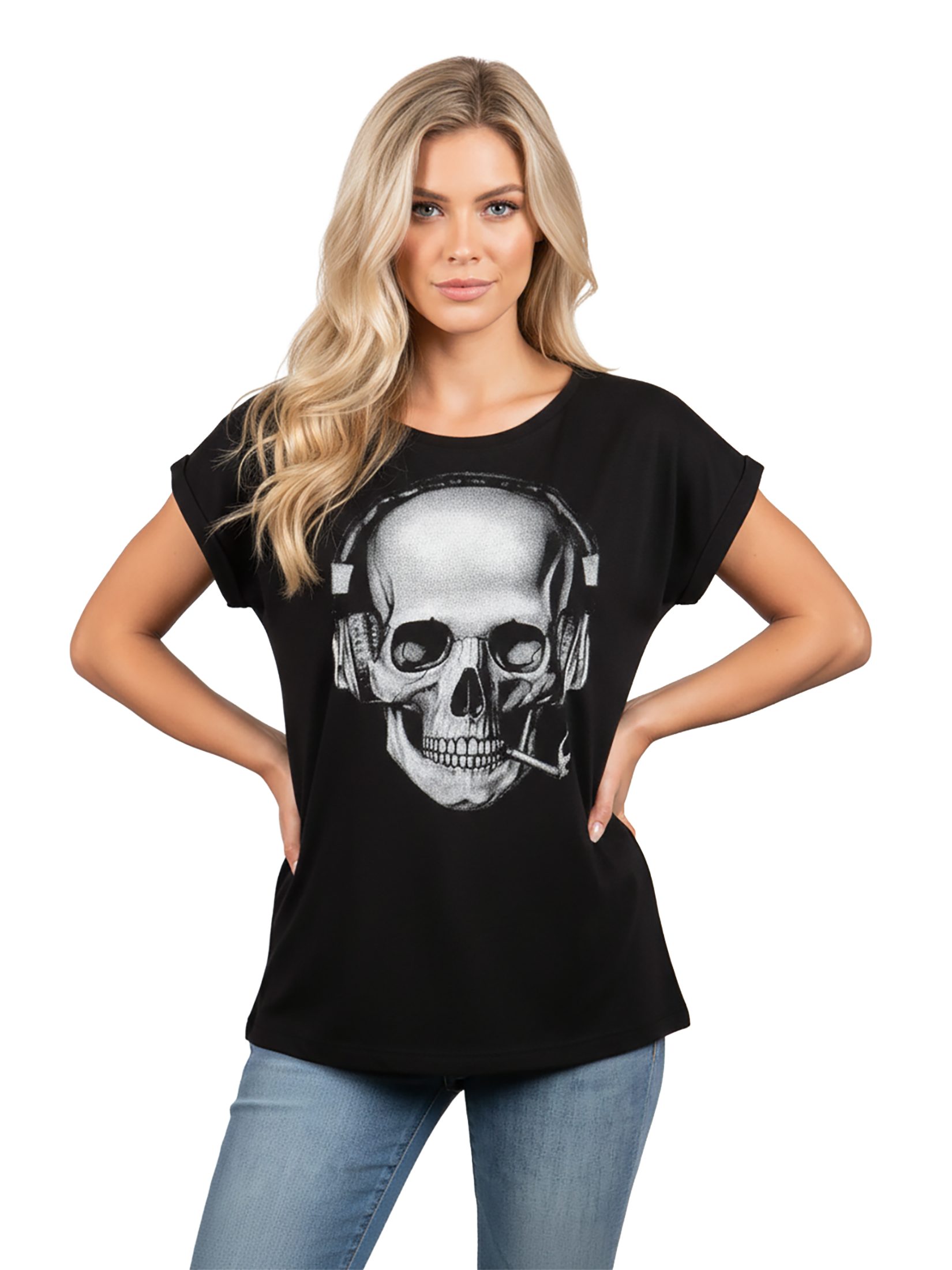 MAKAYA Print-Shirt Damen Cooles T-Shirt mit Totenkopf Design Skull Top - Aufdruck Gothic (Kurzarm, Rundhals, Schwarz, Blau, Grau) große Größen