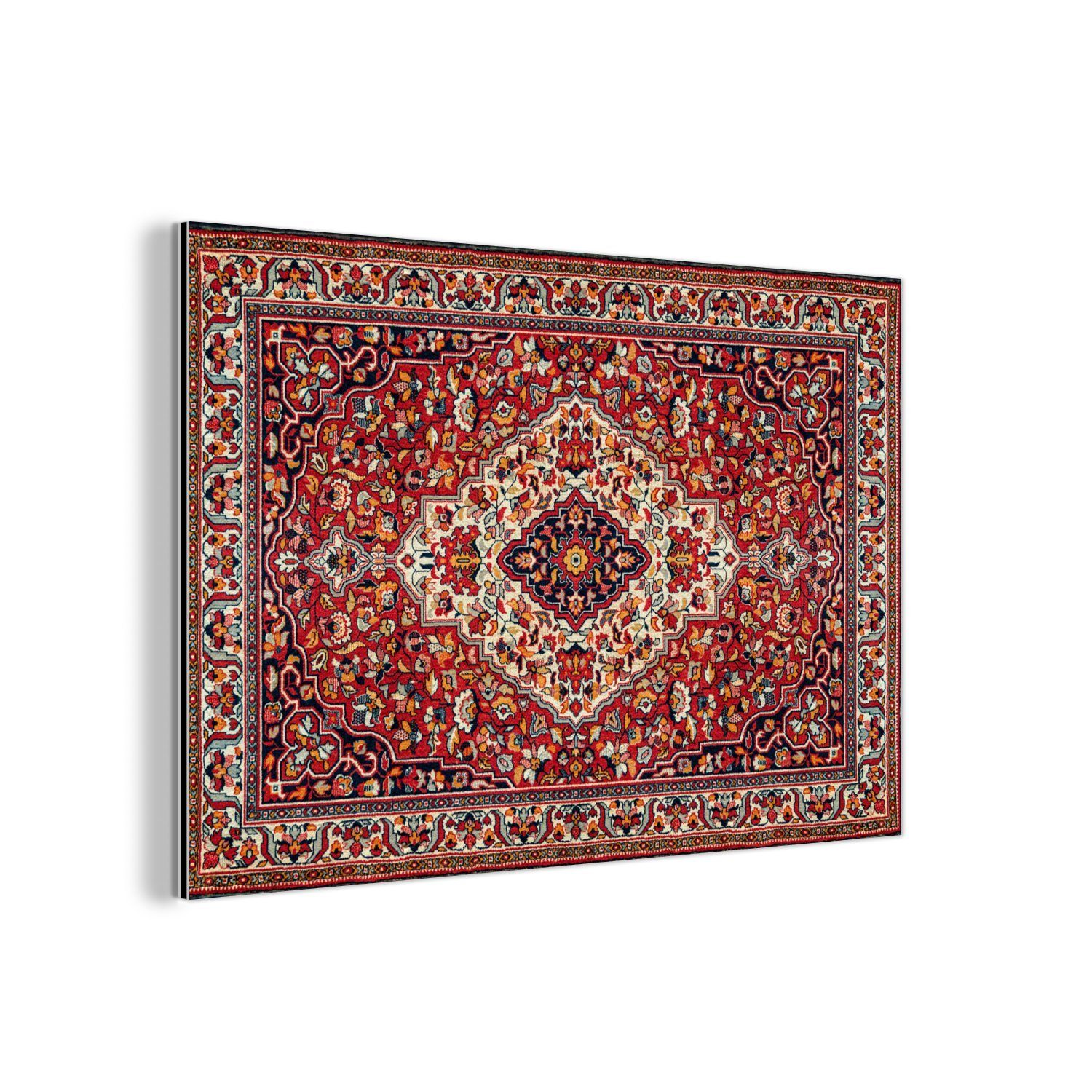 MuchoWow Metallbild Persische Teppiche - Teppiche - Muster - Rot, Inkl. Aufhängung, Wohnzimmer Dekoration aus Alu, Industrial, Metallbilder, 30x20 cm