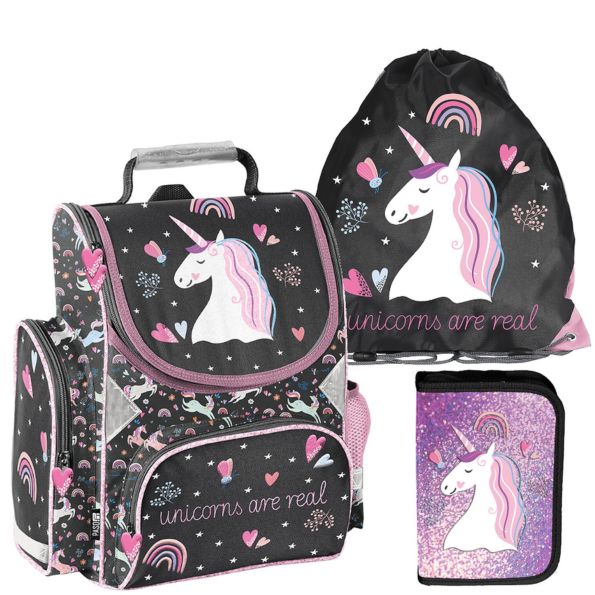 PASO Schulrucksack (Schulset, 3-tlg), Einhorn, 3-tlg. Set