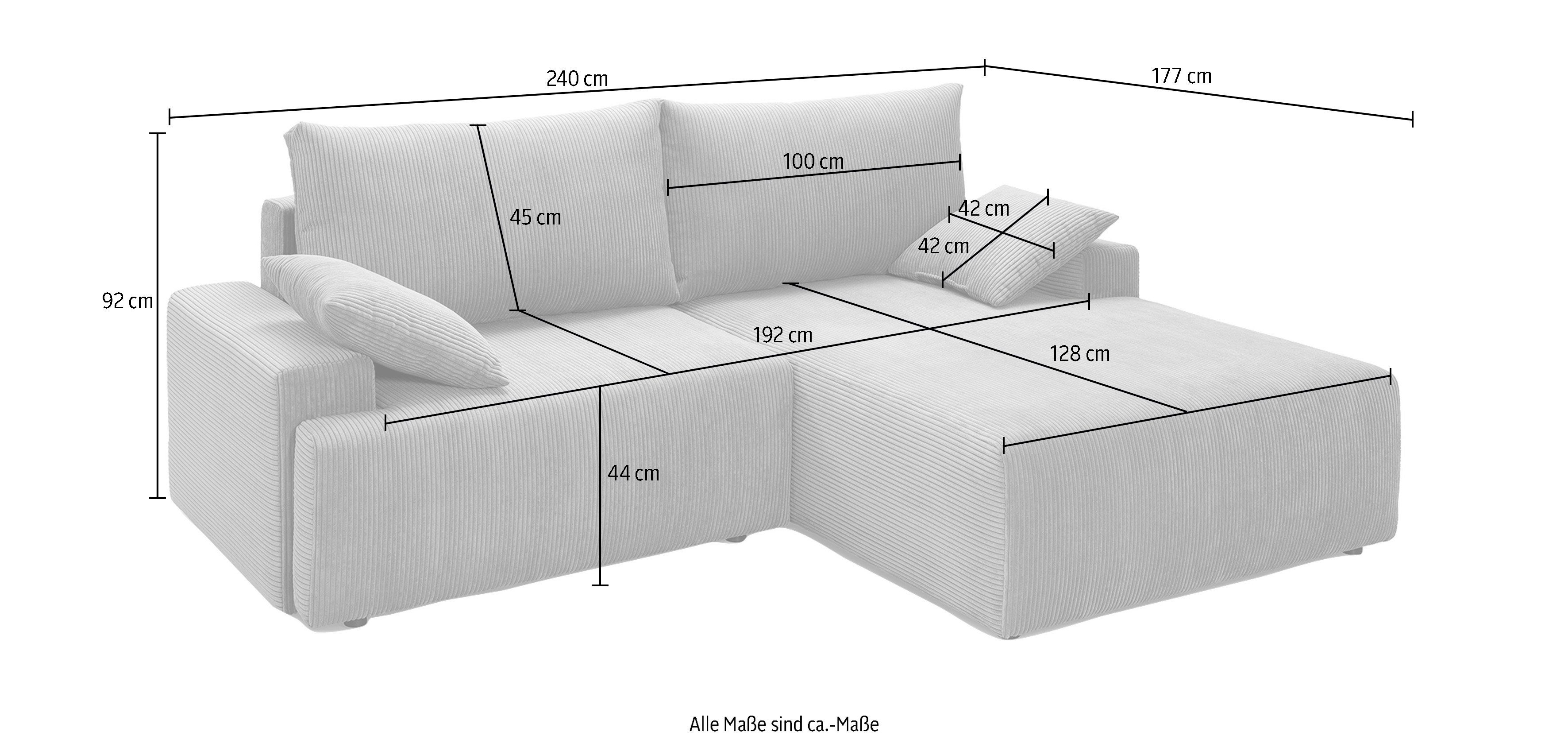 fashion sofa Cord-Farben exxpo Ecksofa verschiedenen Orinoko, inklusive Bettfunktion - in grey Bettkasten und