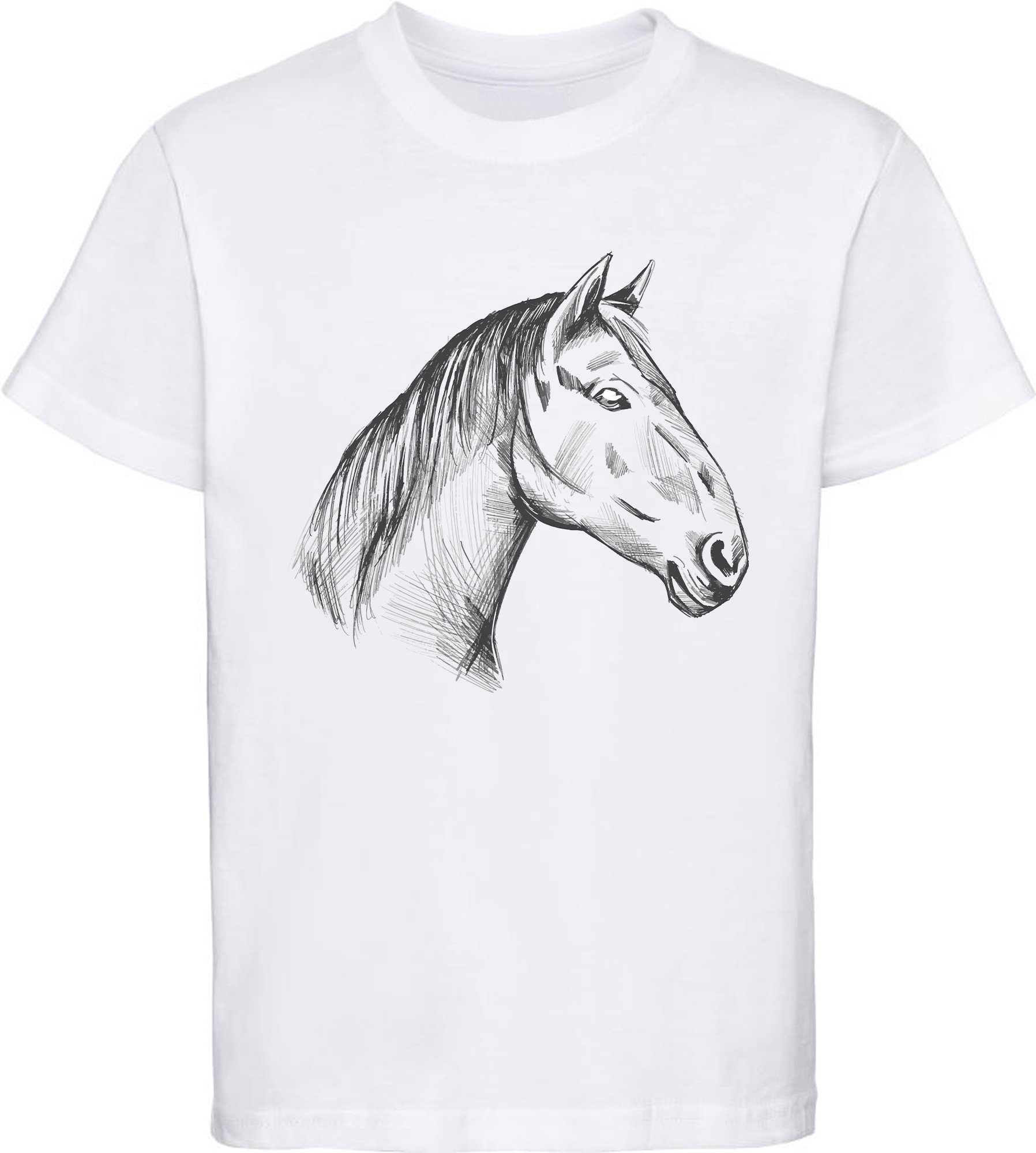 MyDesign24 Print-Shirt bedrucktes Mädchen T-Shirt gezeichneter Pferdekopf Baumwollshirt mit Aufdruck, i142 weiss
