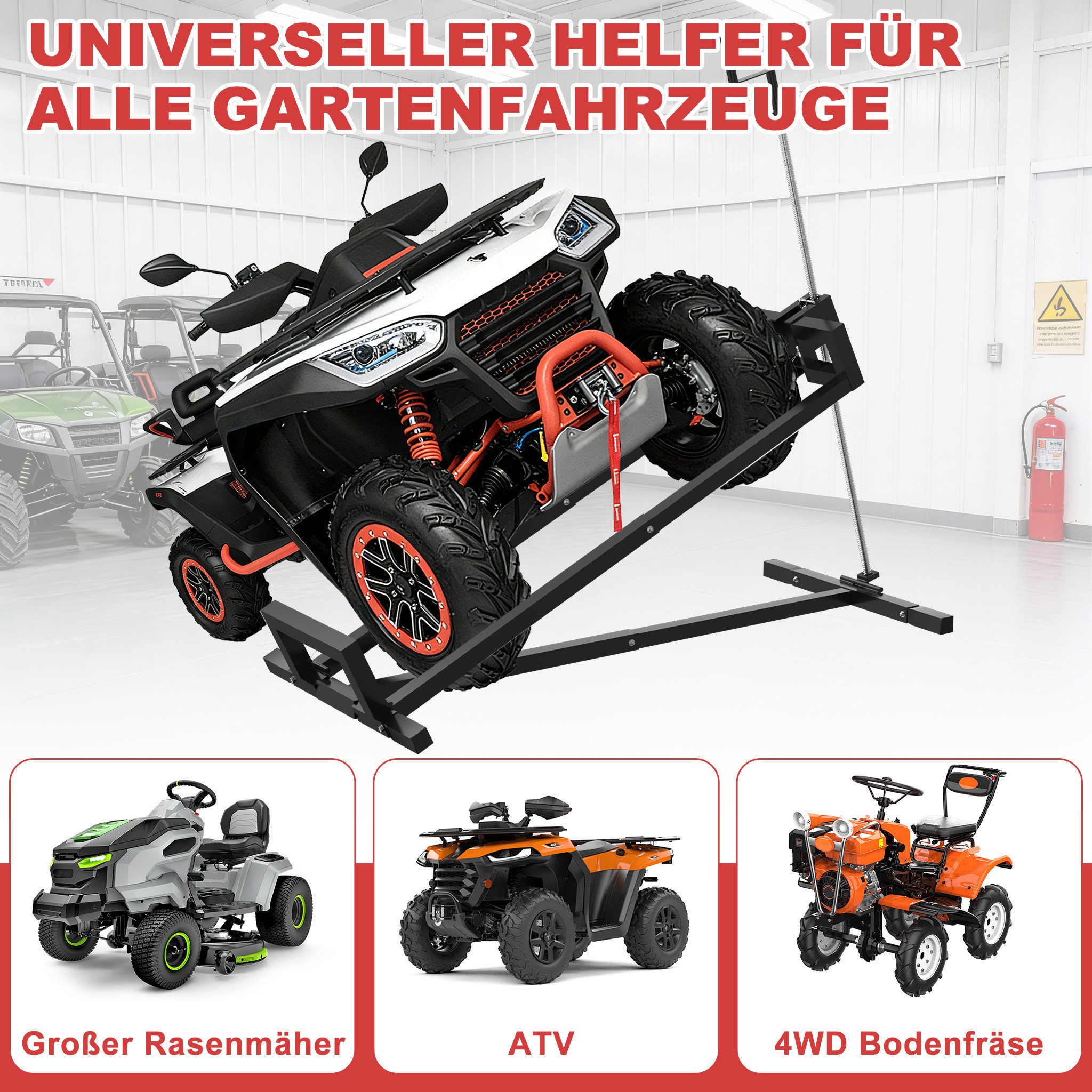 FIVMEN Rasentraktor Rasentraktorheber Rasentraktor Hebevorrichtung Rasenmäher Lifter 400KG, Reinigungshilfe für Garten Mäher-Traktor, +45° Neigung verstellbar – Bild 5 von 5