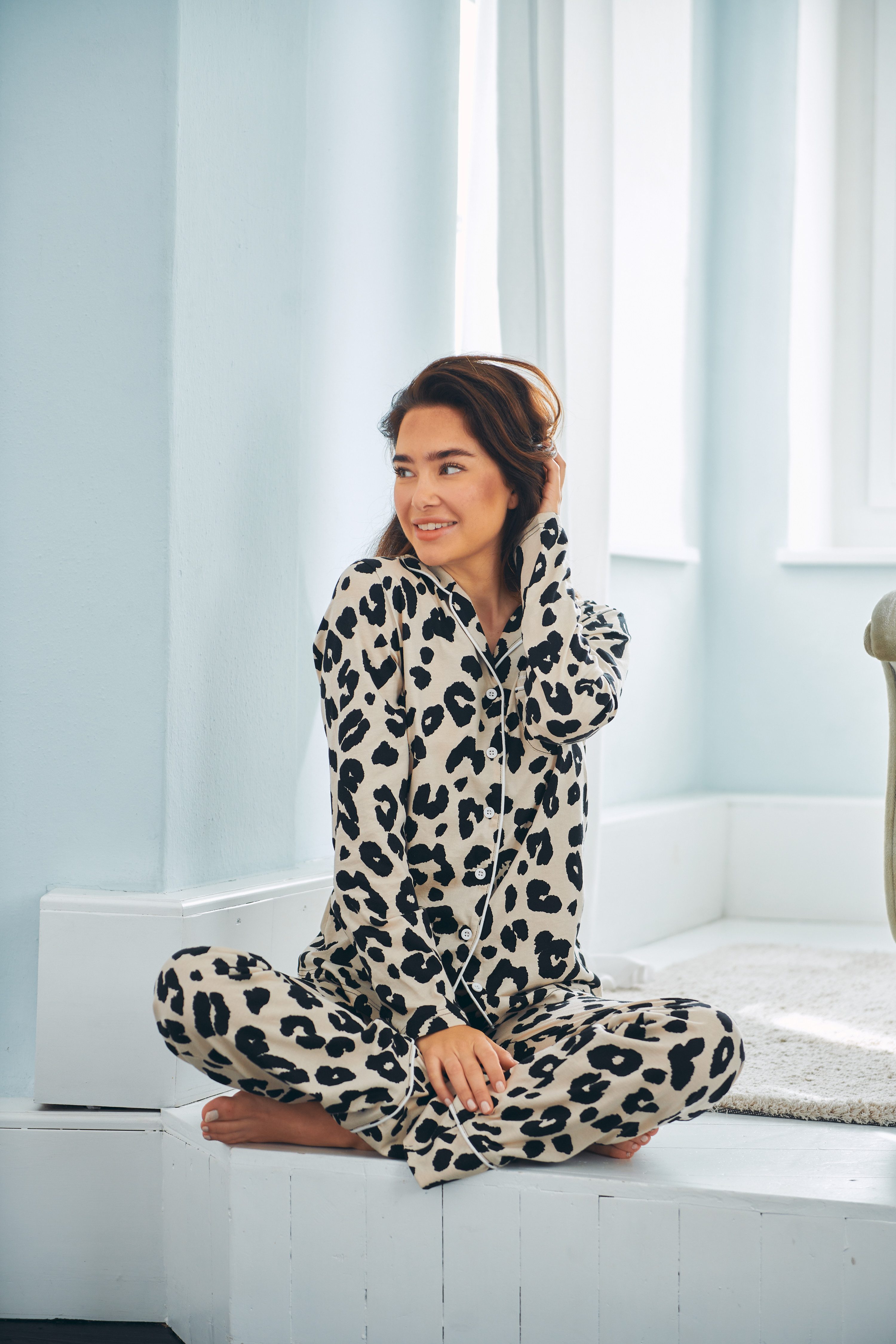Louis & Louisa Pyjama Louis & Louisa Damen Pyjama „Schmusekatze“, Knopfleis günstig online kaufen
