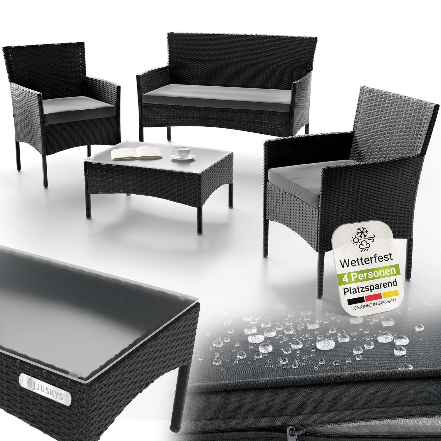 Juskys Gartenlounge-Set Fort Myers, wetterfeste Polyrattan Sitzgruppe für 4 Personen