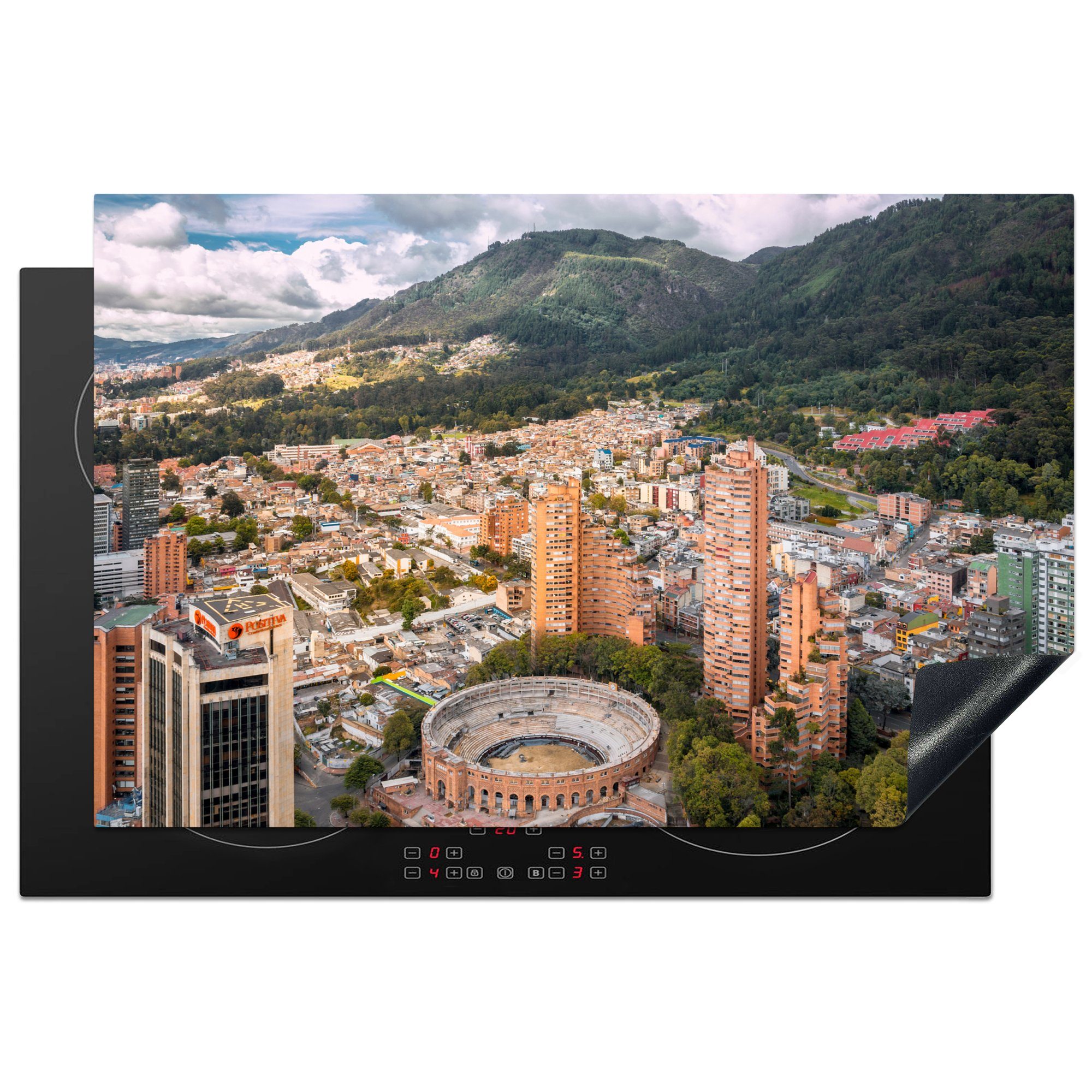 MuchoWow Herdblende-/Abdeckplatte Luftbildaufnahme von Bogota in Kolumbien, Vinyl, (1 tlg), 81x52 cm, Induktionskochfeld Schutz für die küche, Ceranfeldabdeckung