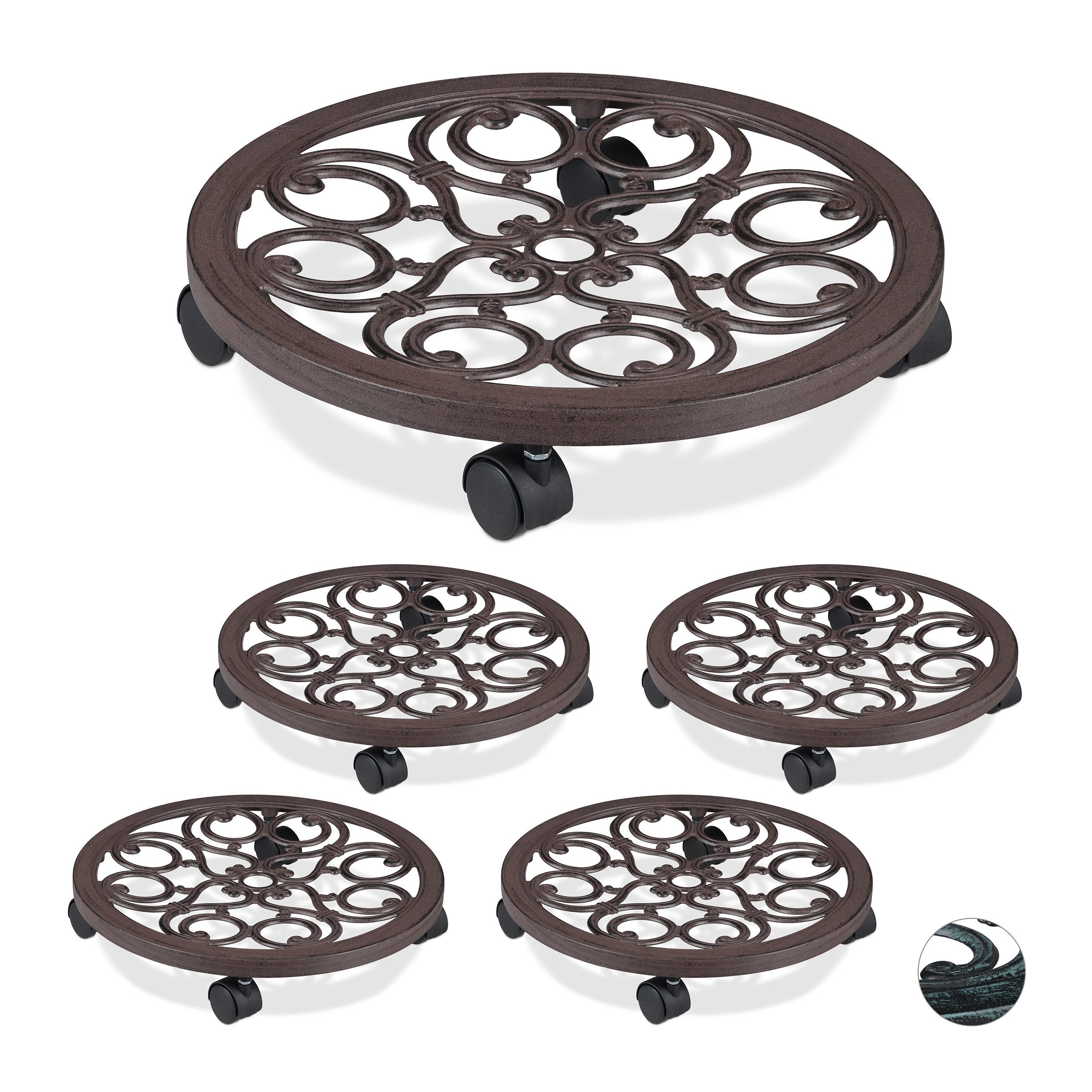 Blumentopfuntersetzer 5 x Pflanzenroller rund antik braun